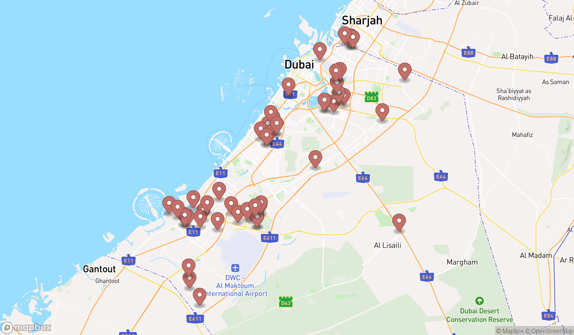 Map showing the search results in Dubai