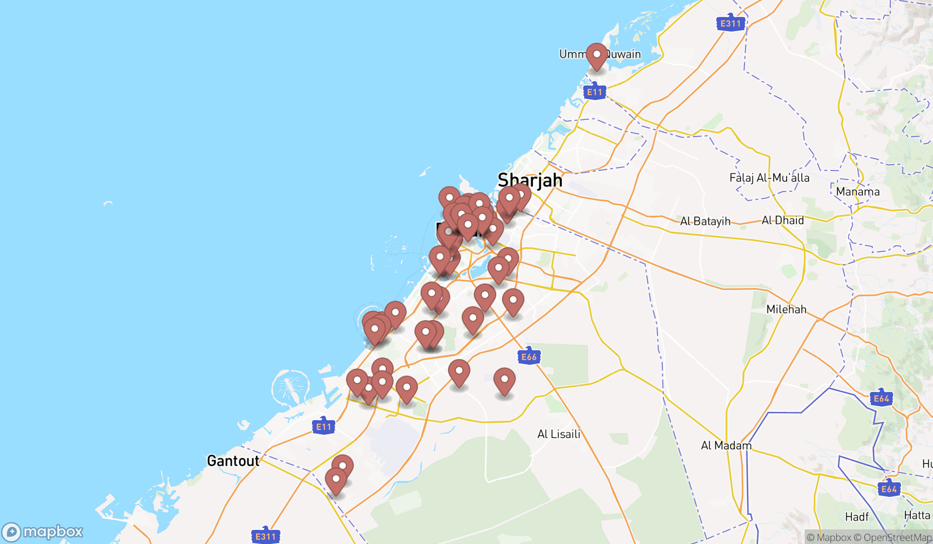 Map showing the search results in Dubai