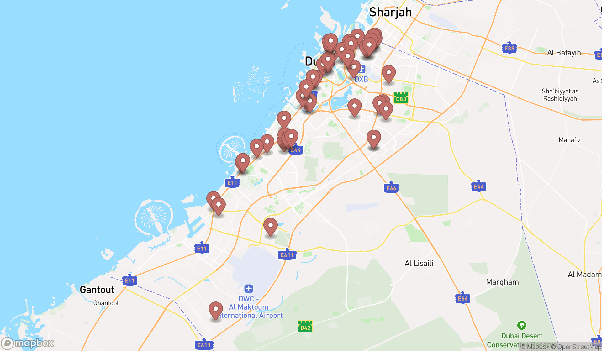 Map showing the search results in Dubai