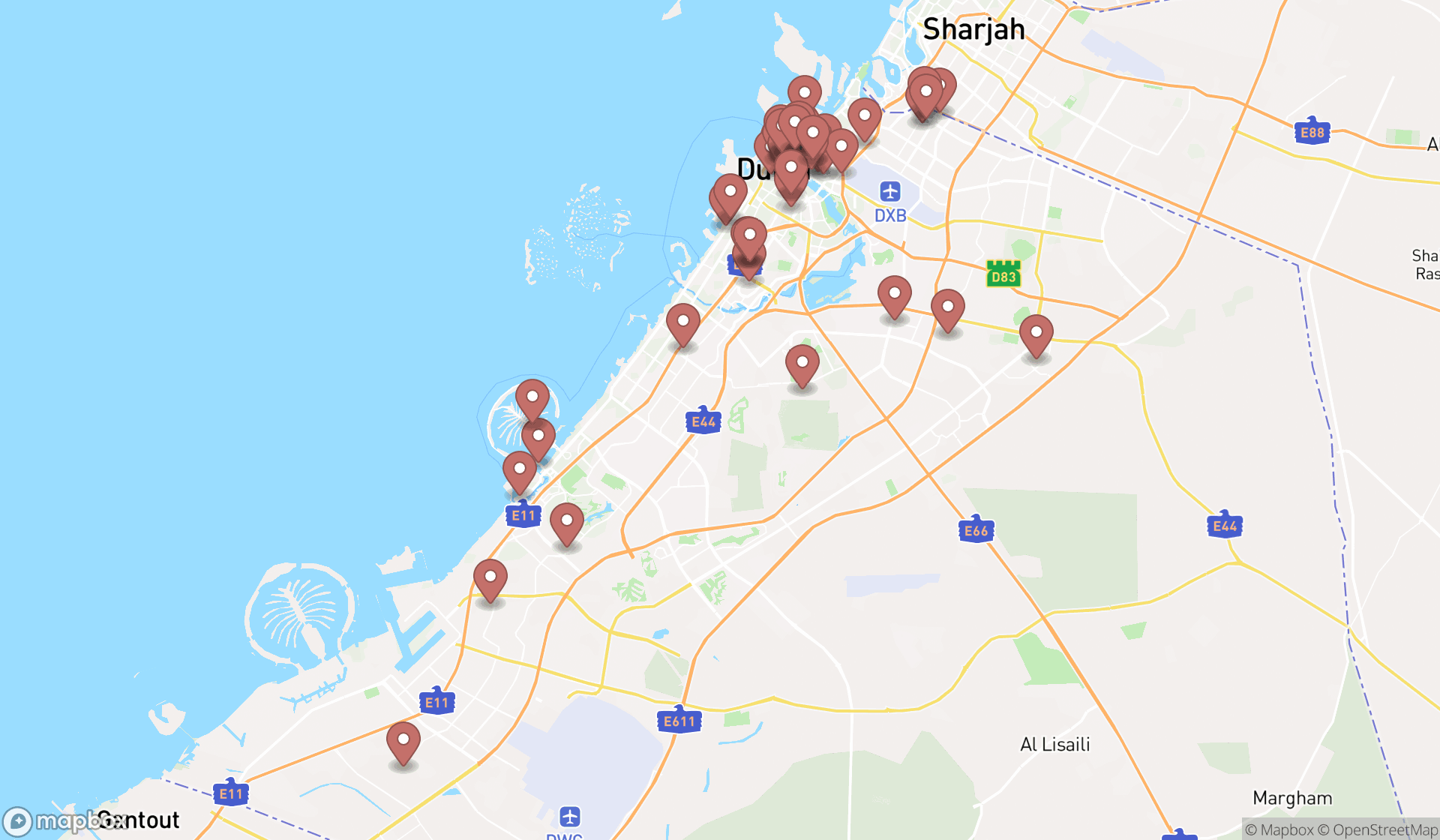Map showing the search results in Dubai