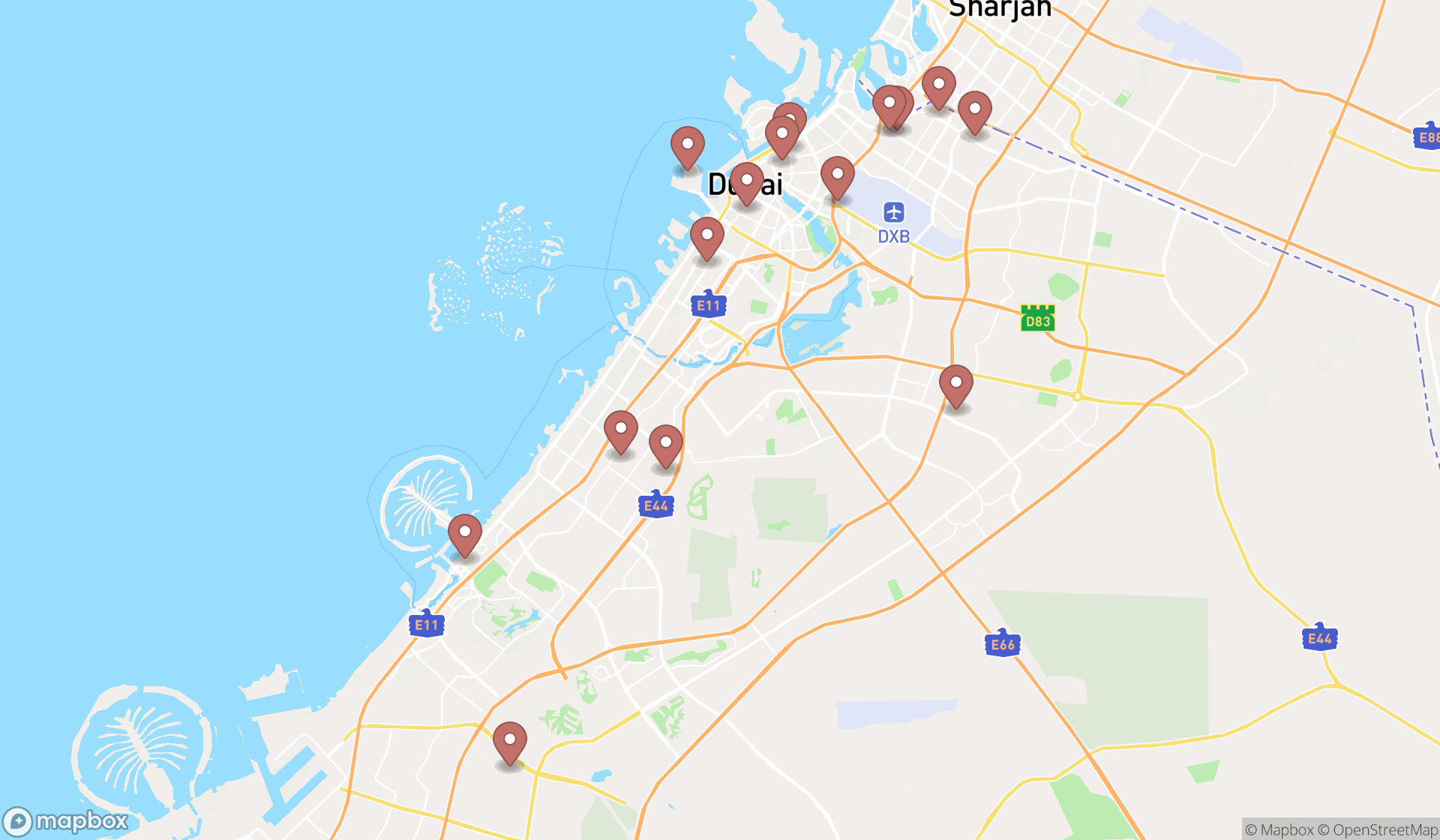 Map showing the search results in Dubai