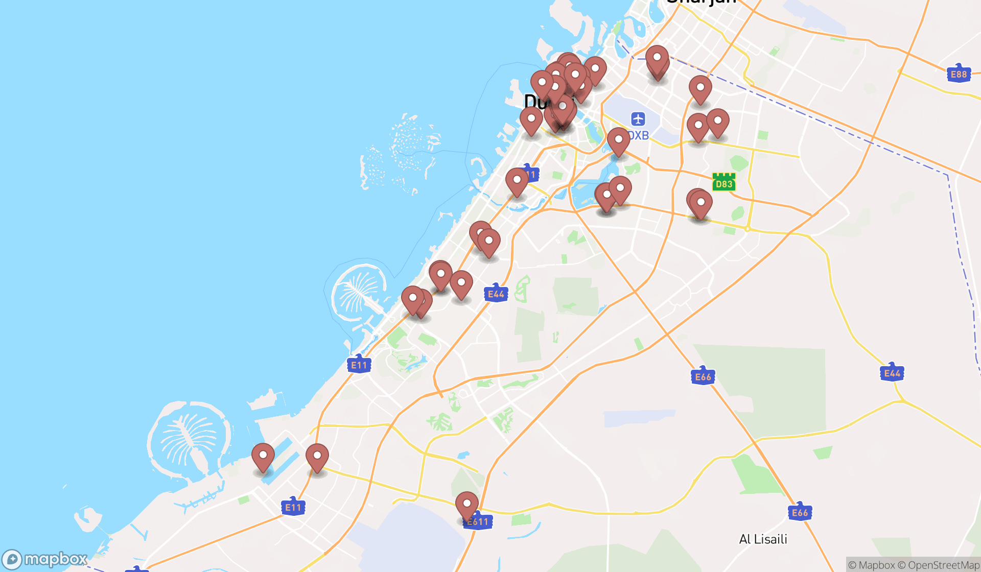 Map showing the search results in Dubai