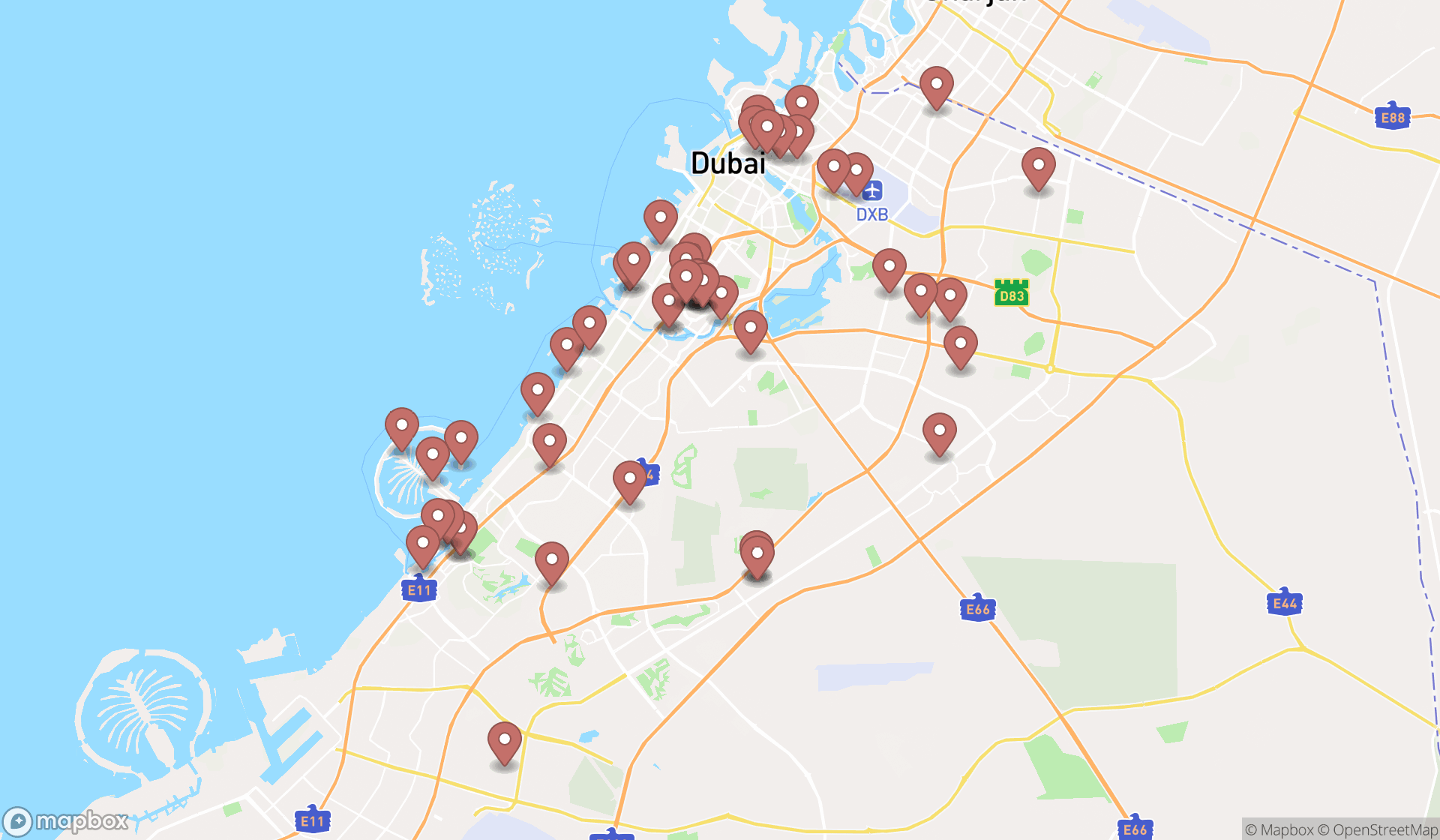 Map showing the search results in Dubai