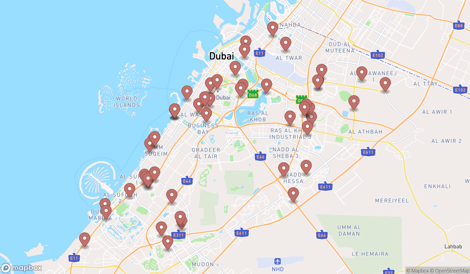 Map showing the search results in Dubai