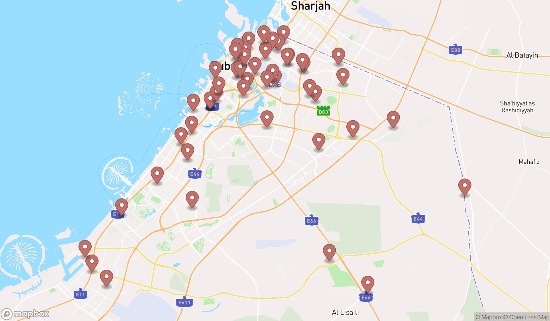 Map showing the search results in Dubai