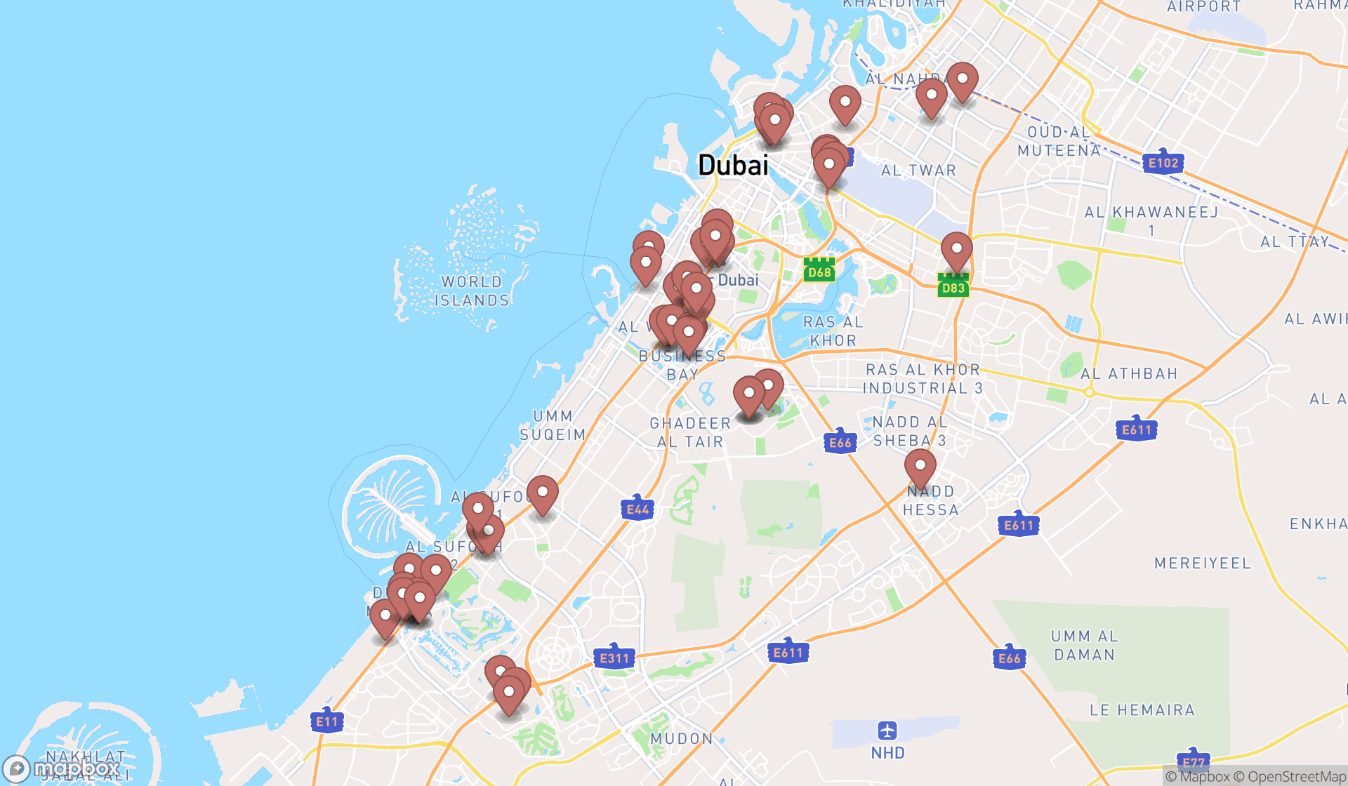 Map showing the search results in Dubai