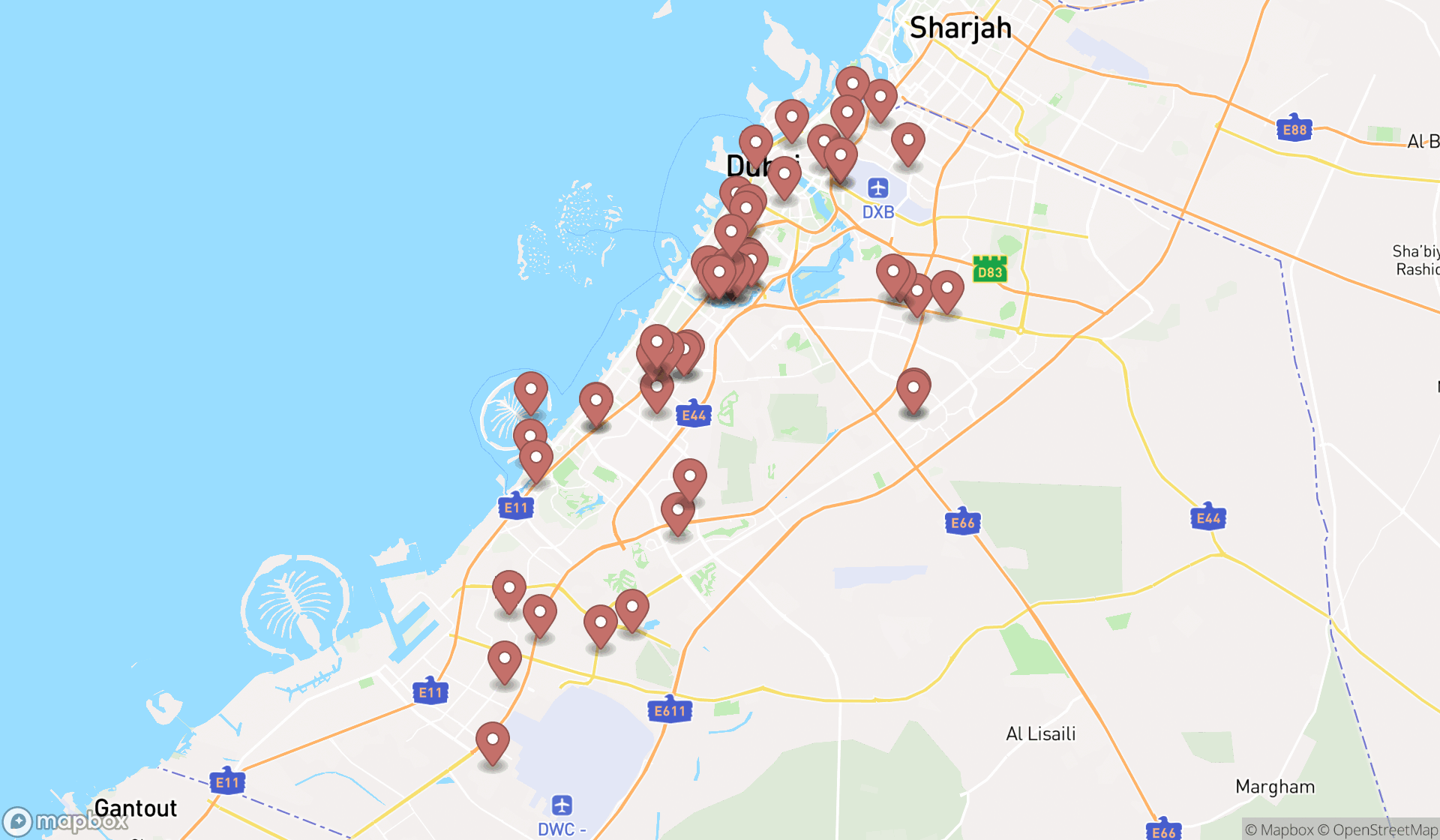 Map showing the search results in Dubai