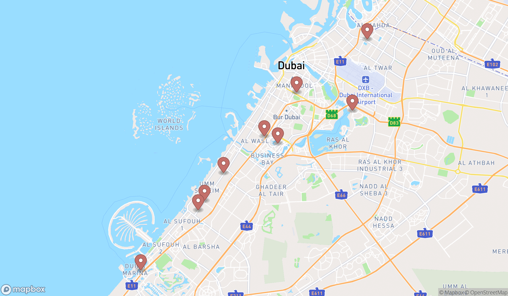 Map showing the search results in Dubai