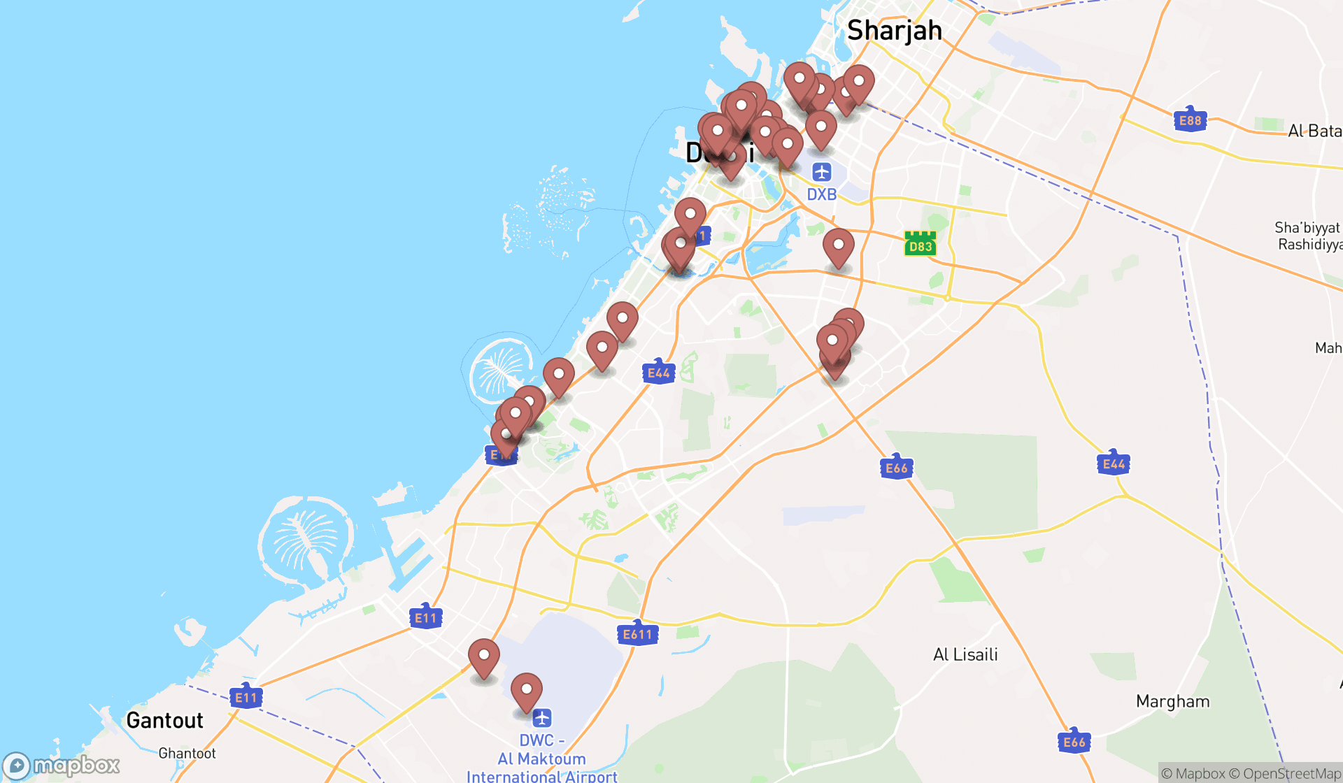 Map showing the search results in Dubai