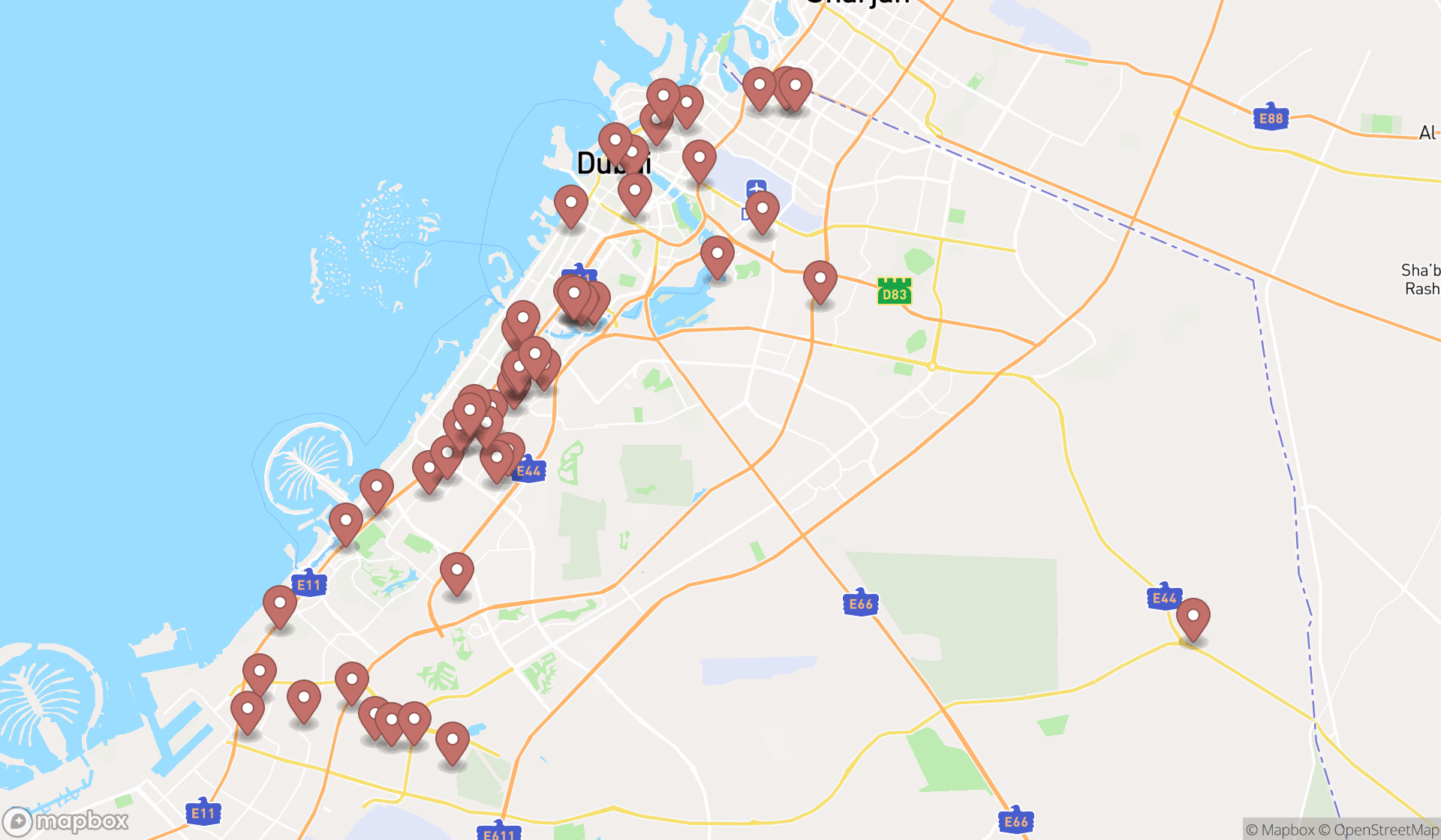 Map showing the search results in Dubai