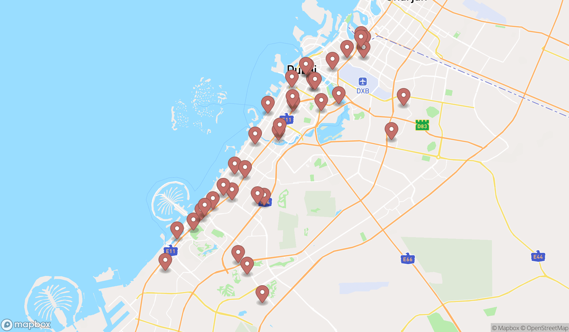 Map showing the search results in Dubai