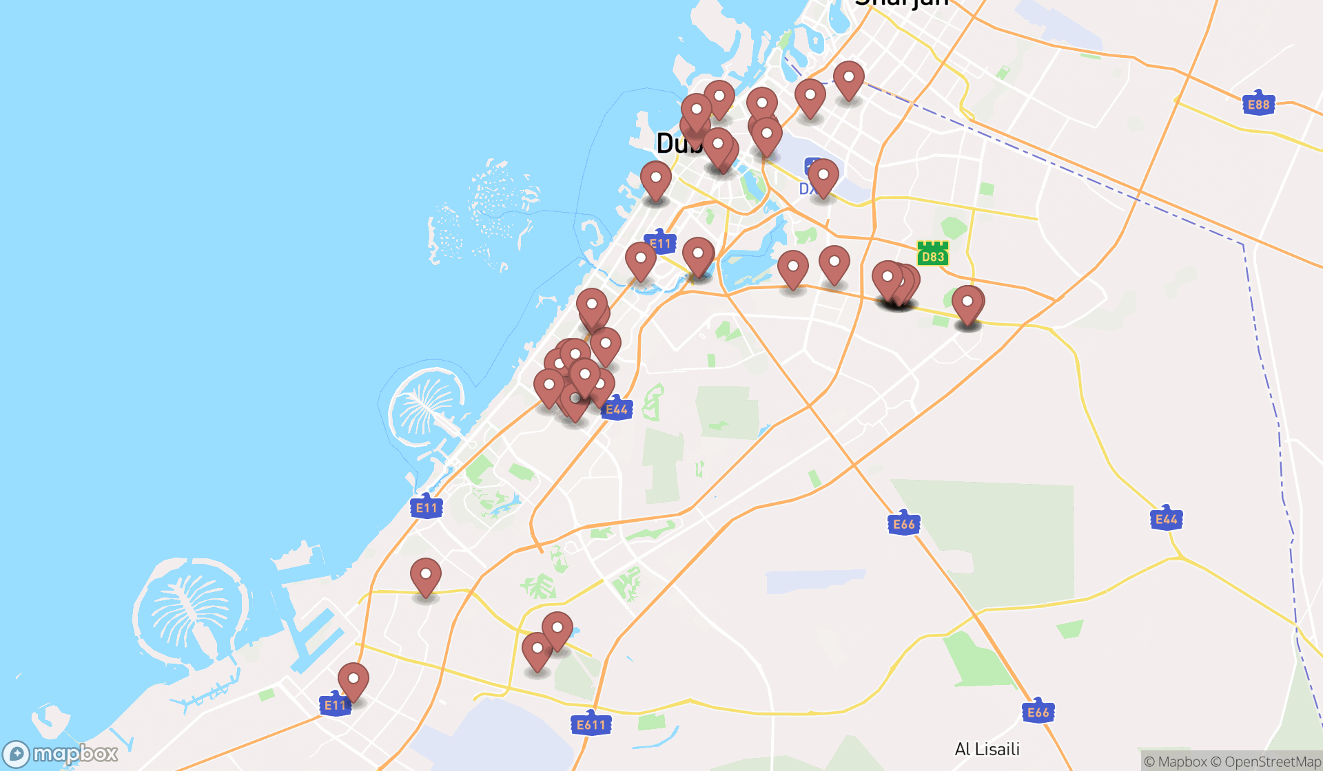 Map showing the search results in Dubai
