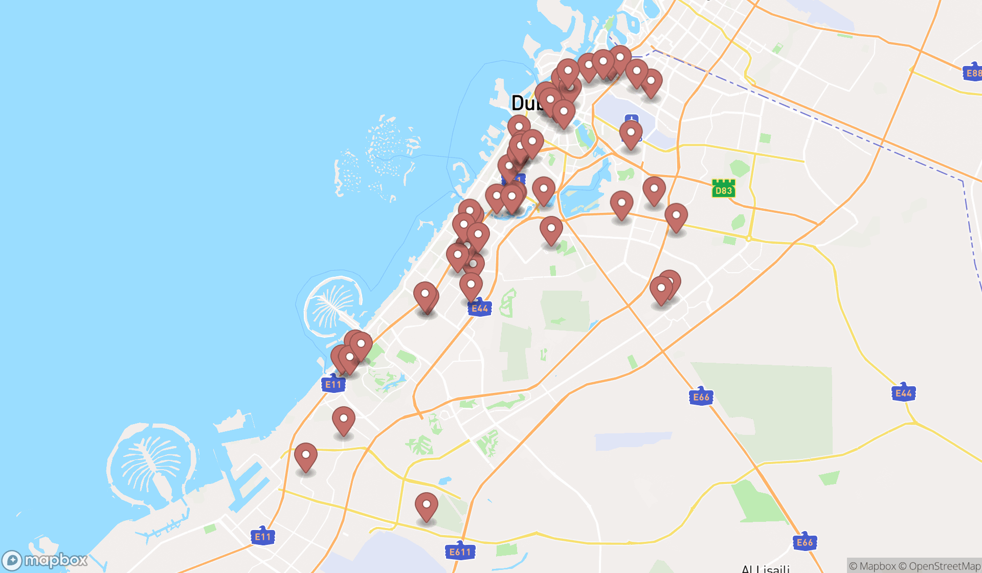 Map showing the search results in Dubai