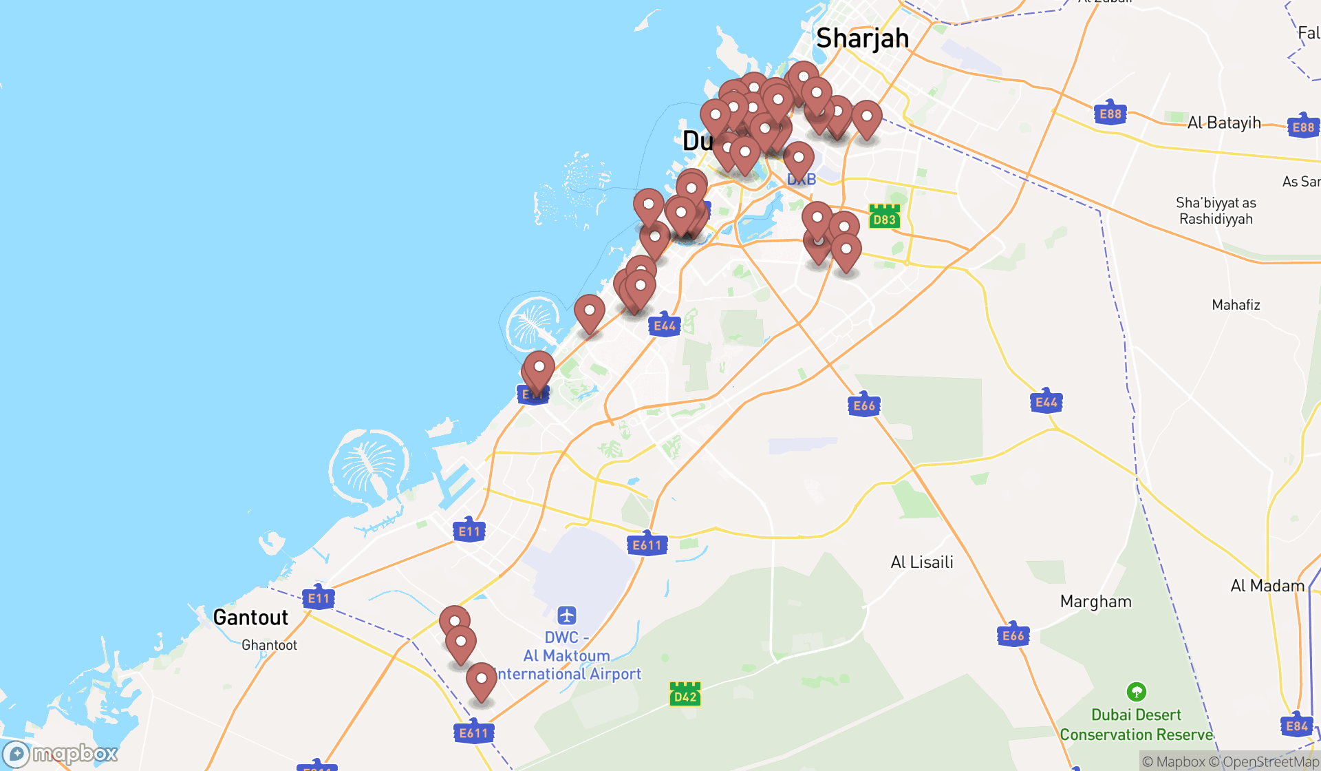 Map showing the search results in Dubai