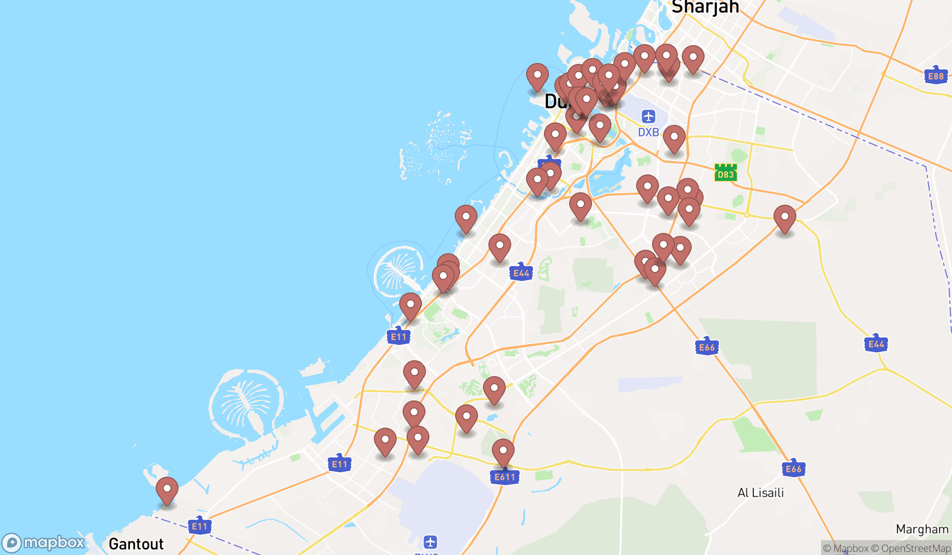 Map showing the search results in Dubai