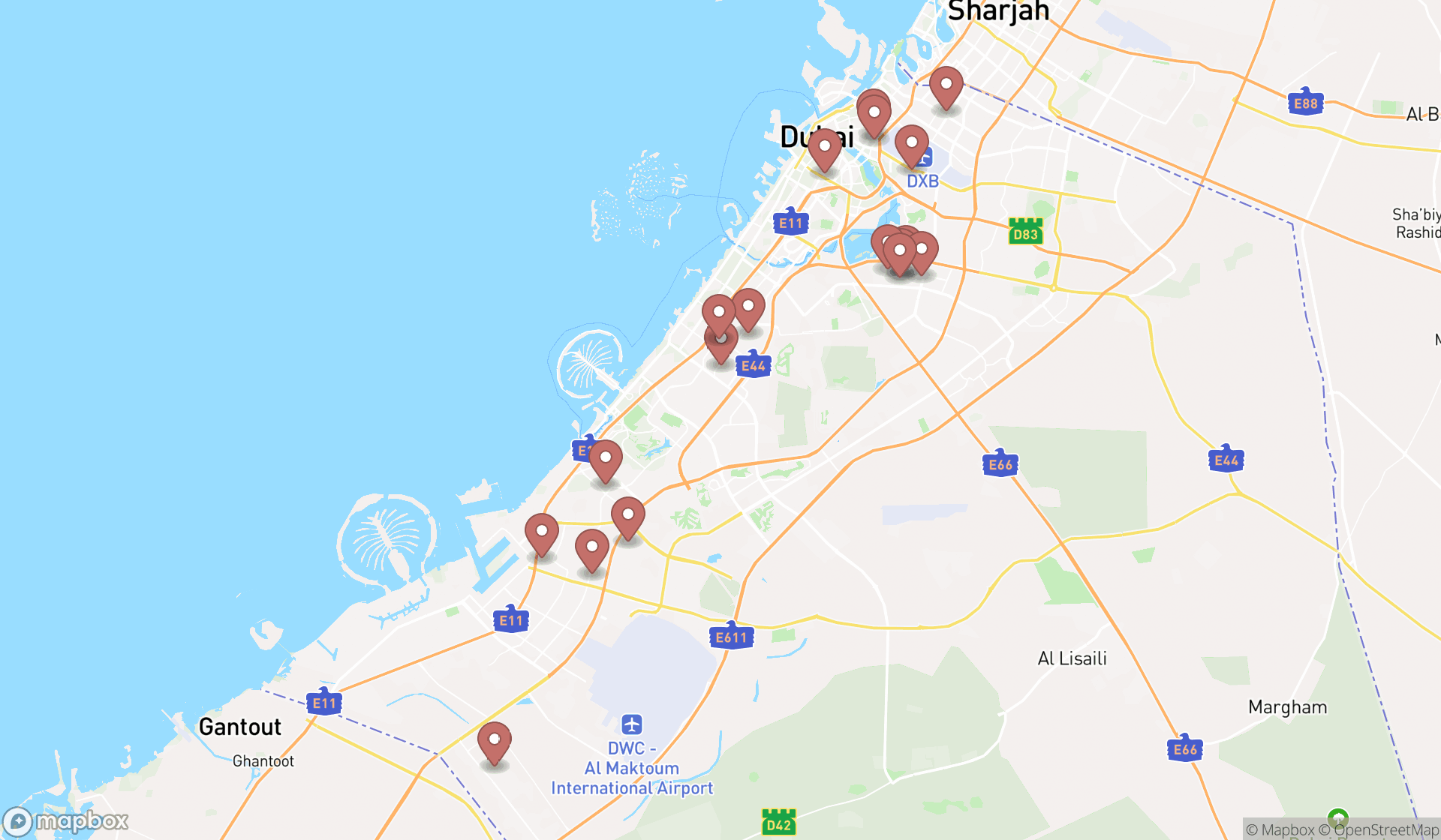 Map showing the search results in Dubai
