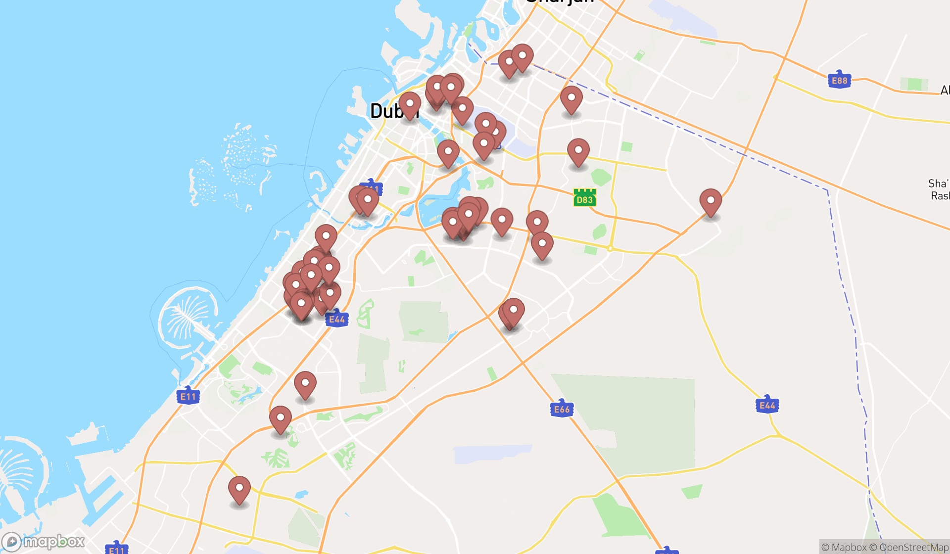 Map showing the search results in Dubai