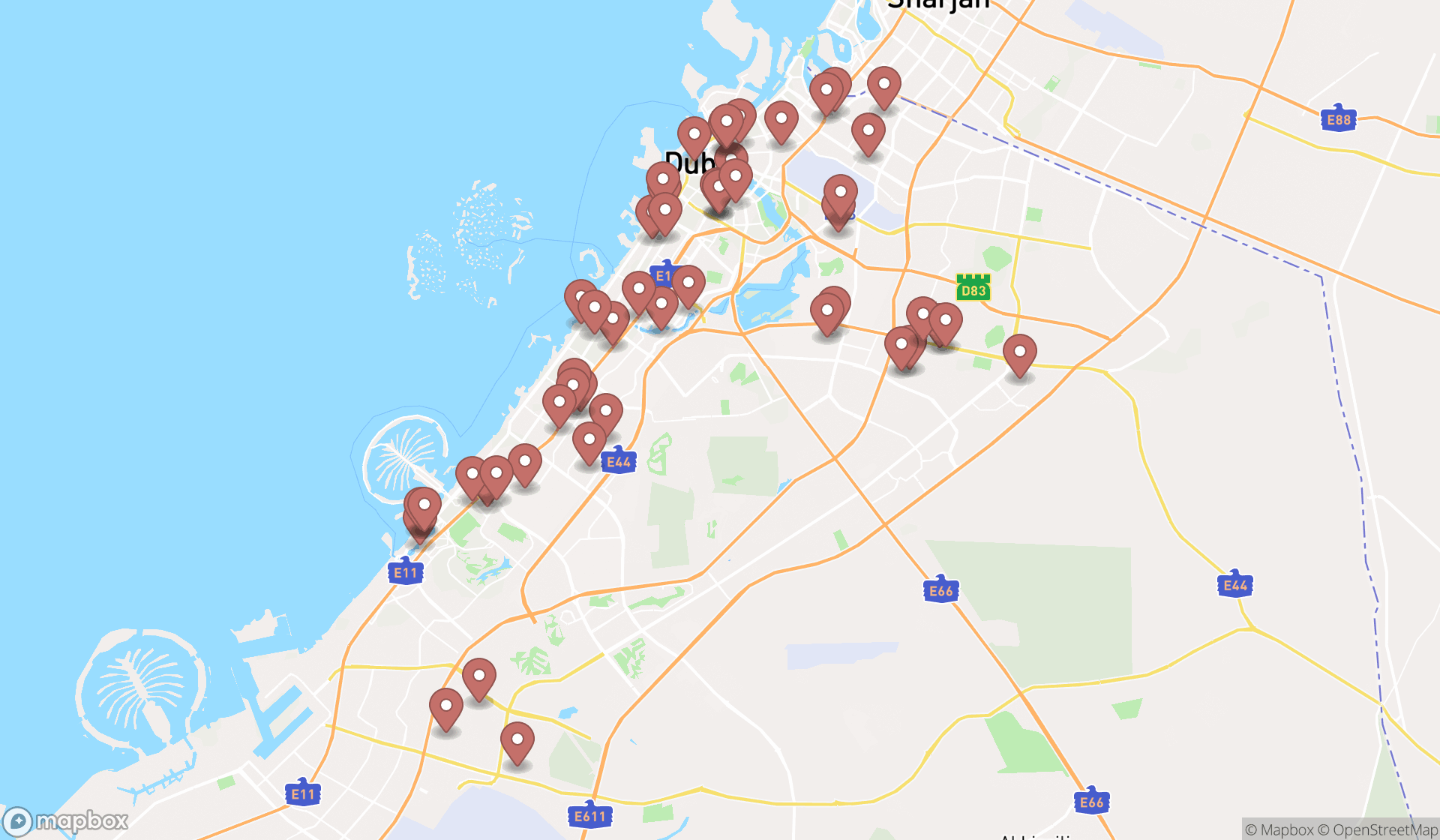 Map showing the search results in Dubai