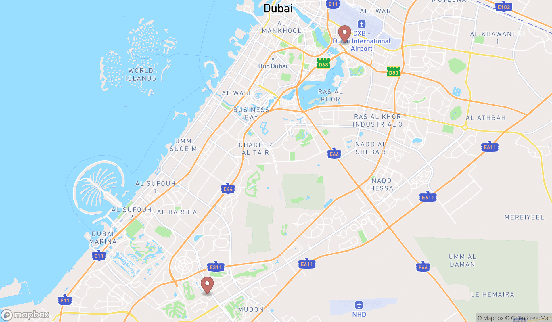 Map showing the search results in Dubai