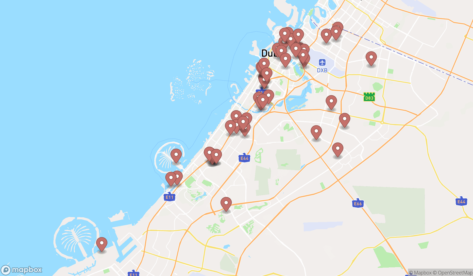 Map showing the search results in Dubai