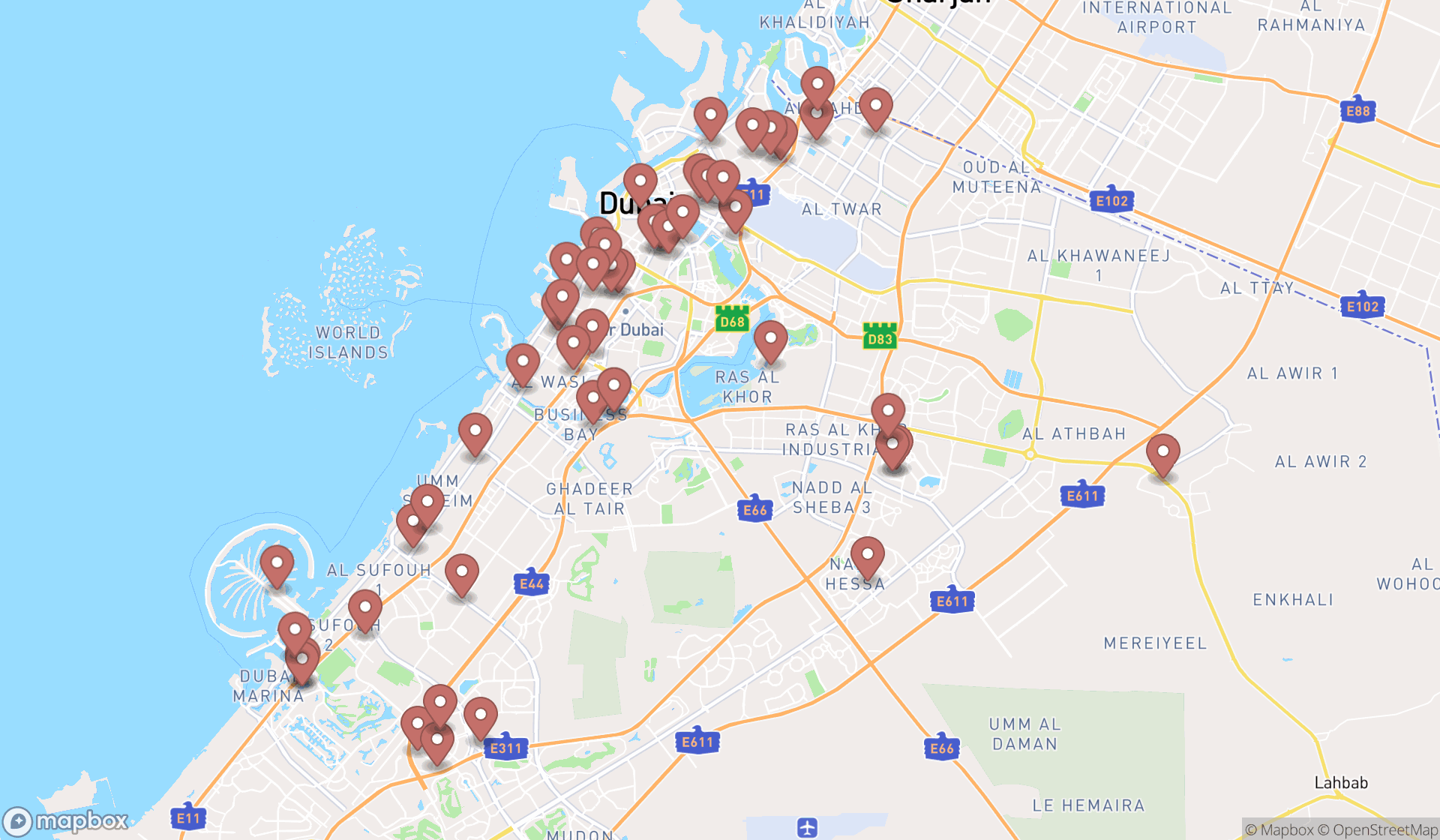 Map showing the search results in Dubai