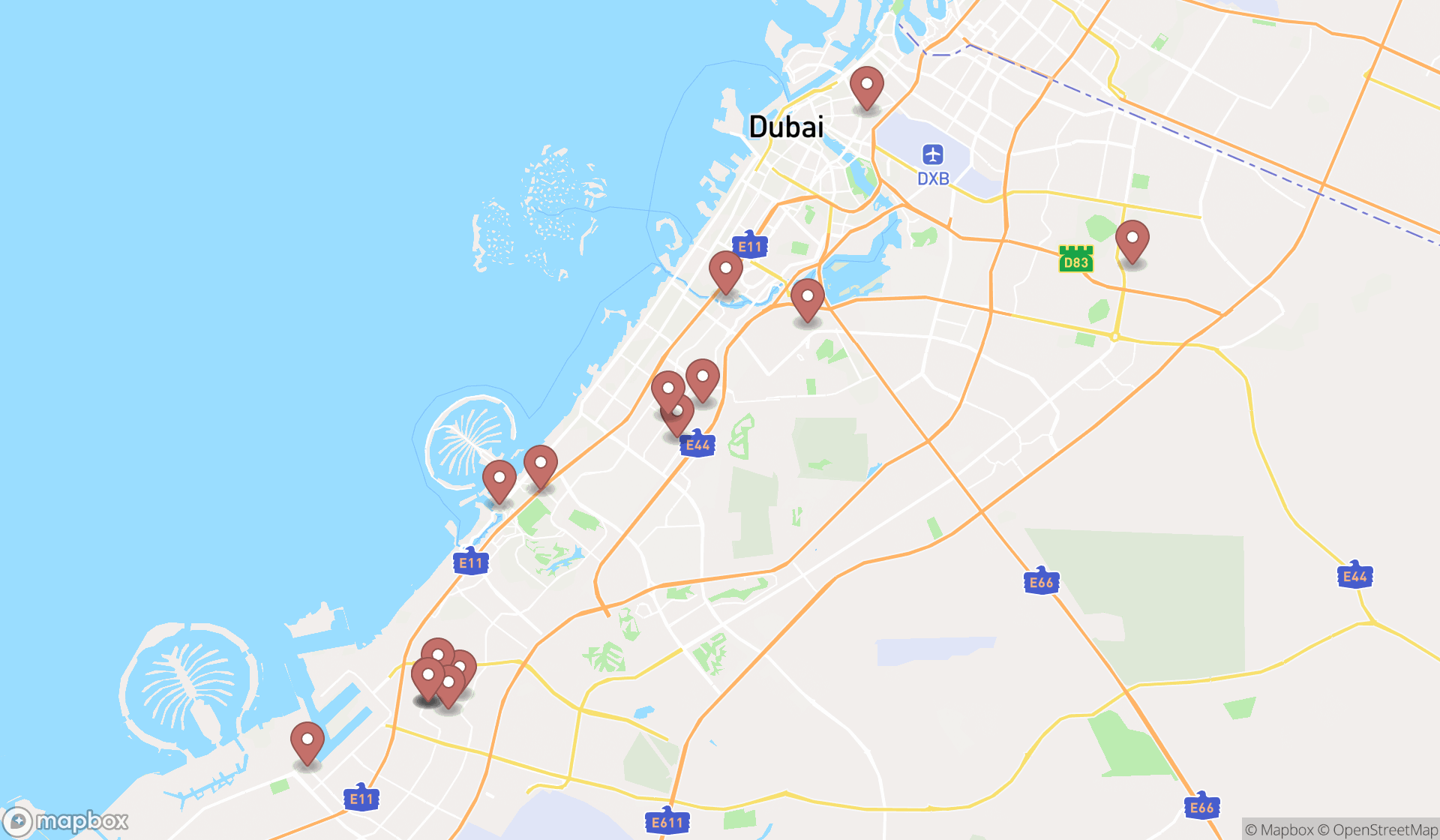 Map showing the search results in Dubai