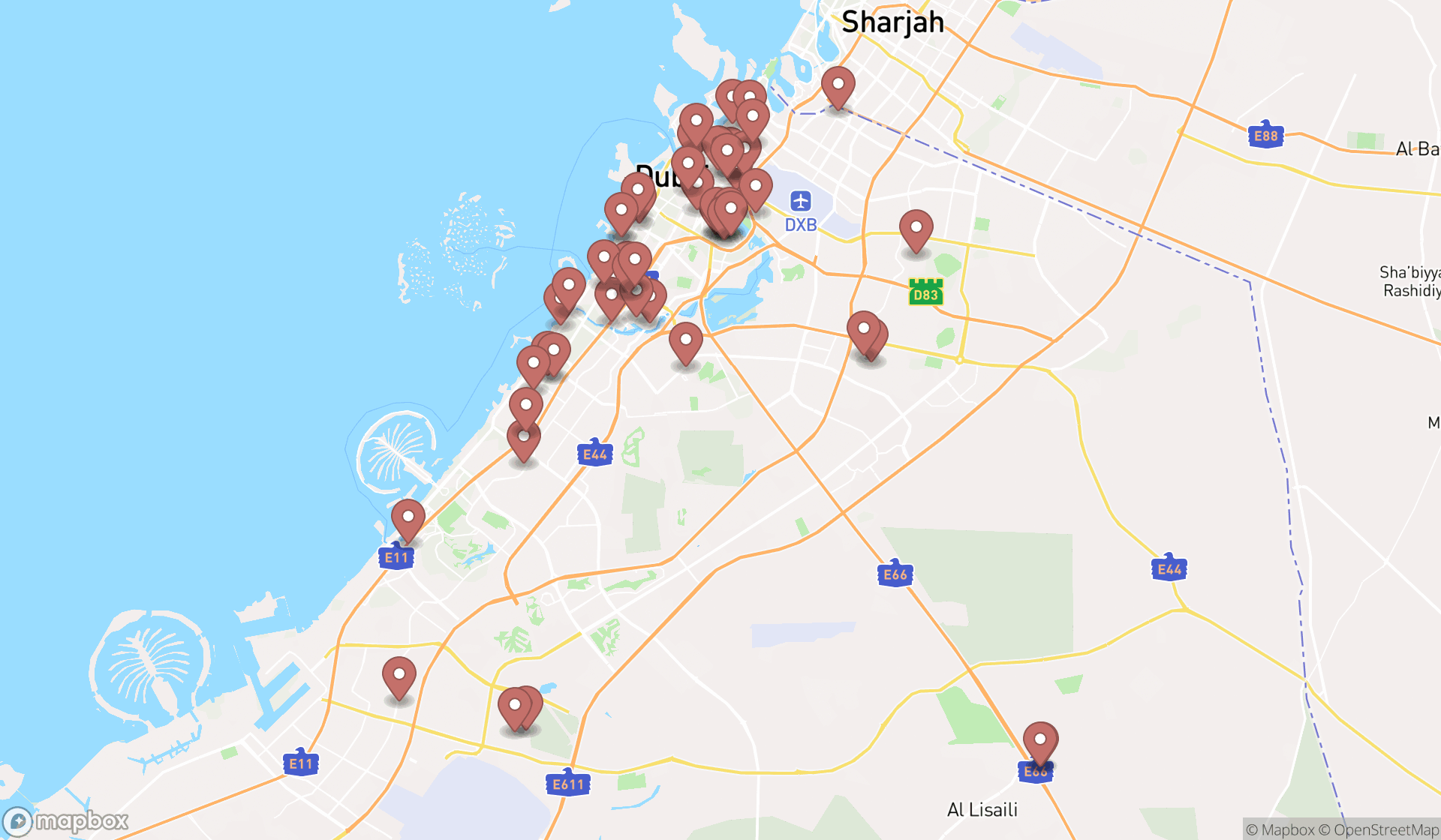 Map showing the search results in Dubai