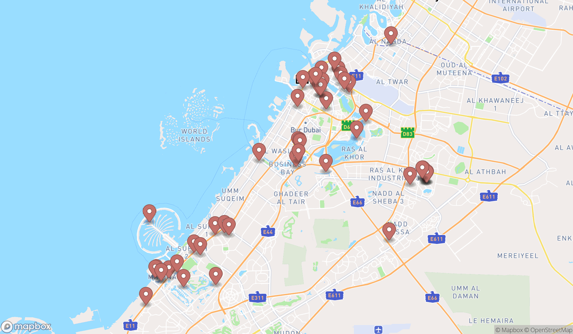 Map showing the search results in Dubai