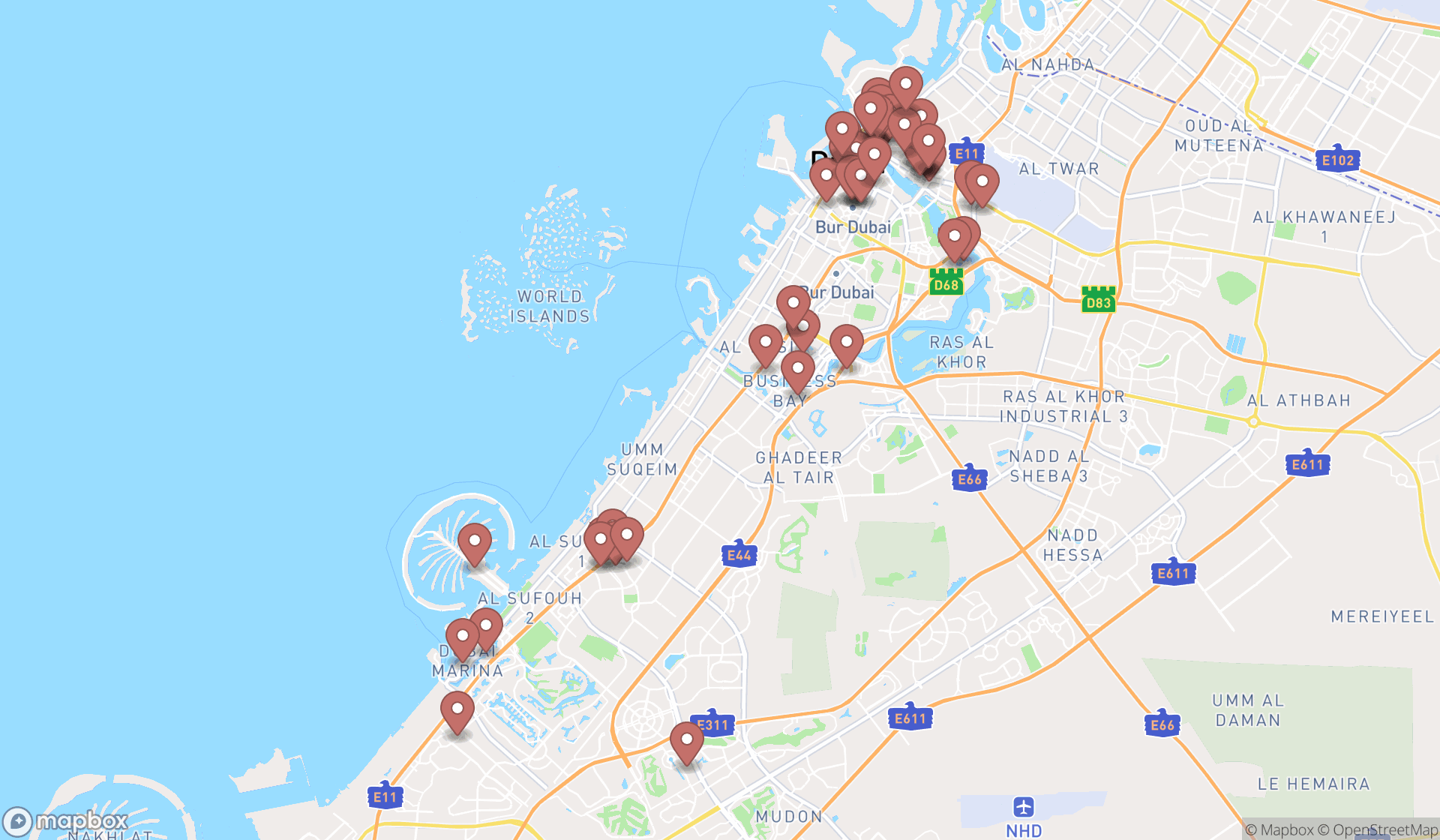 Map showing the search results in Dubai