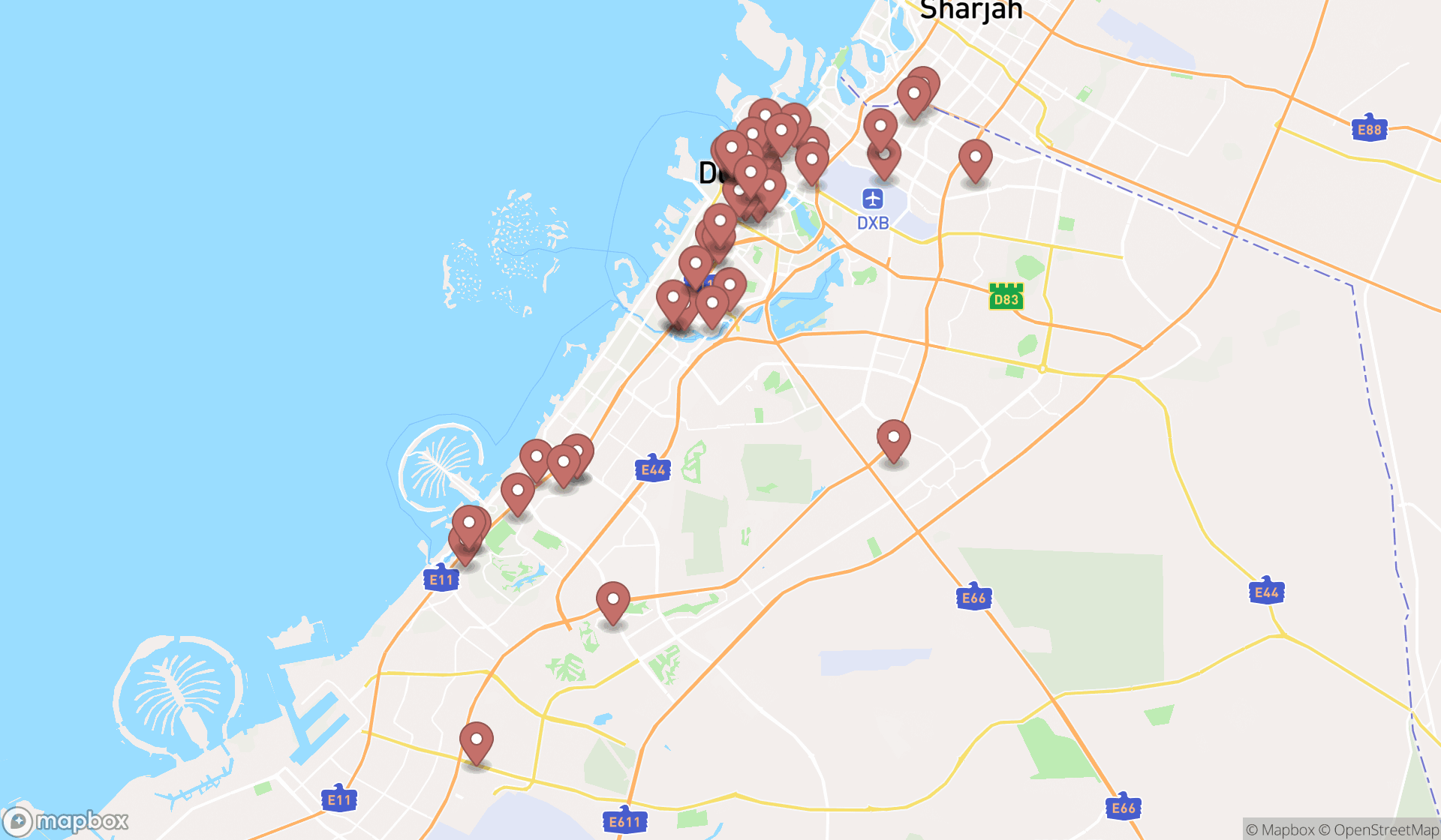 Map showing the search results in Dubai