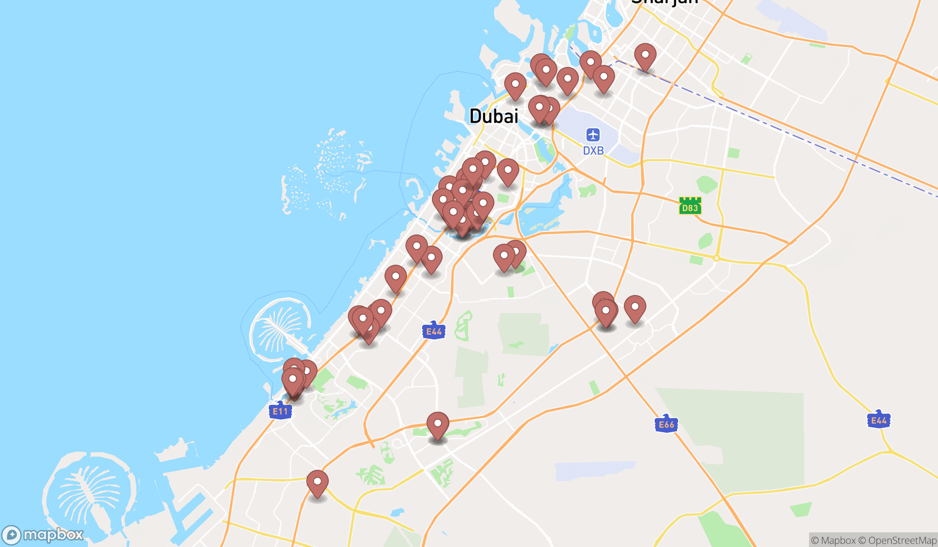 Map showing the search results in Dubai