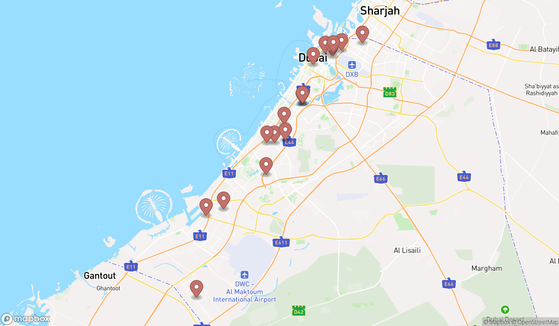 Map showing the search results in Dubai
