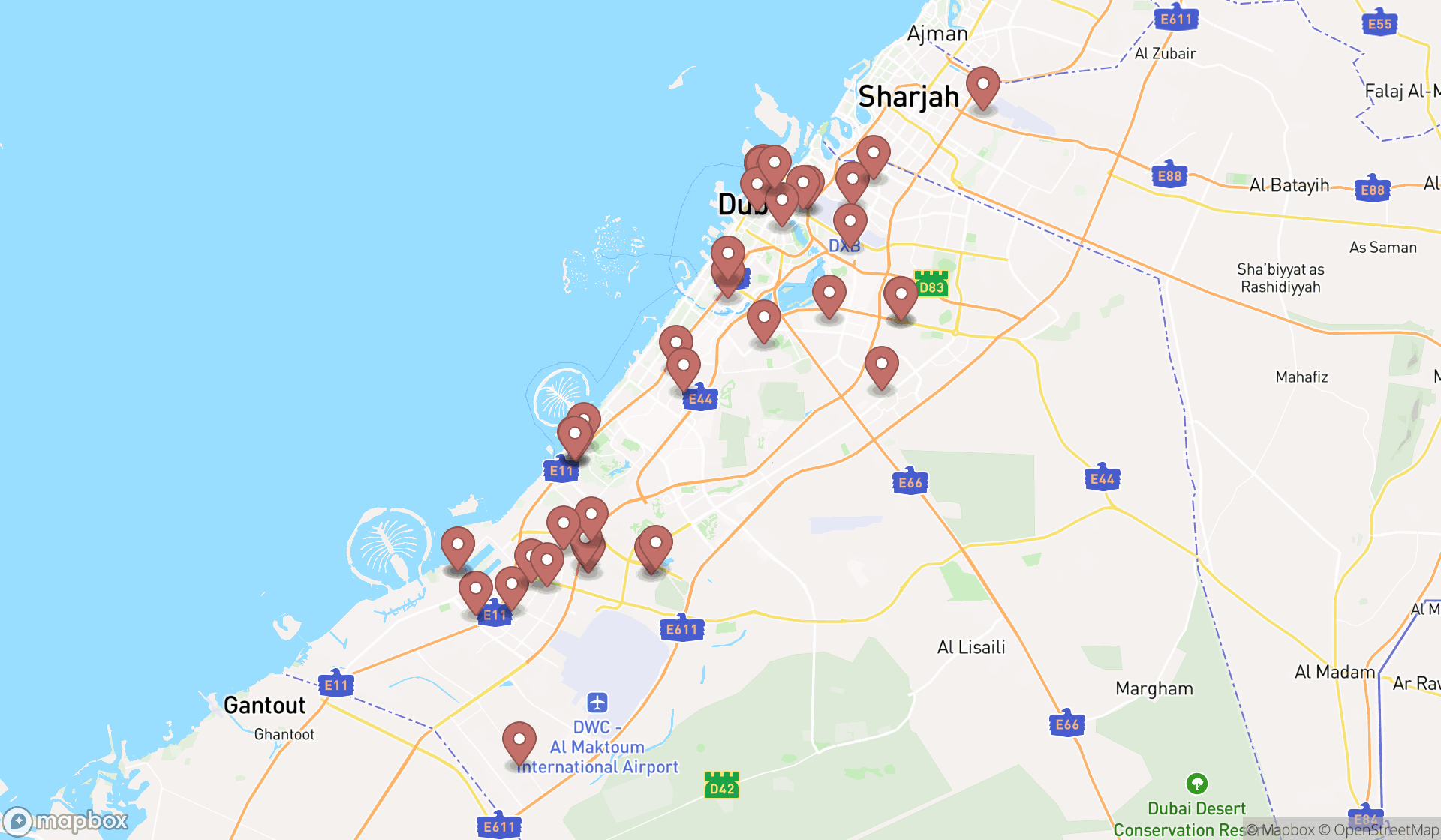 Map showing the search results in Dubai