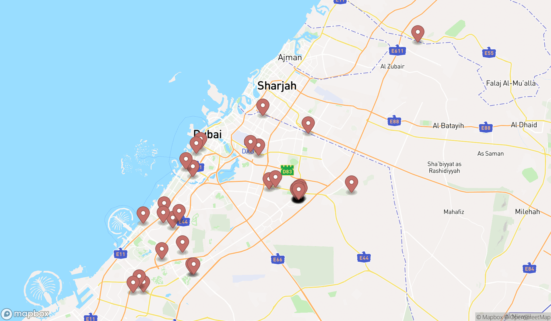 Map showing the search results in Dubai