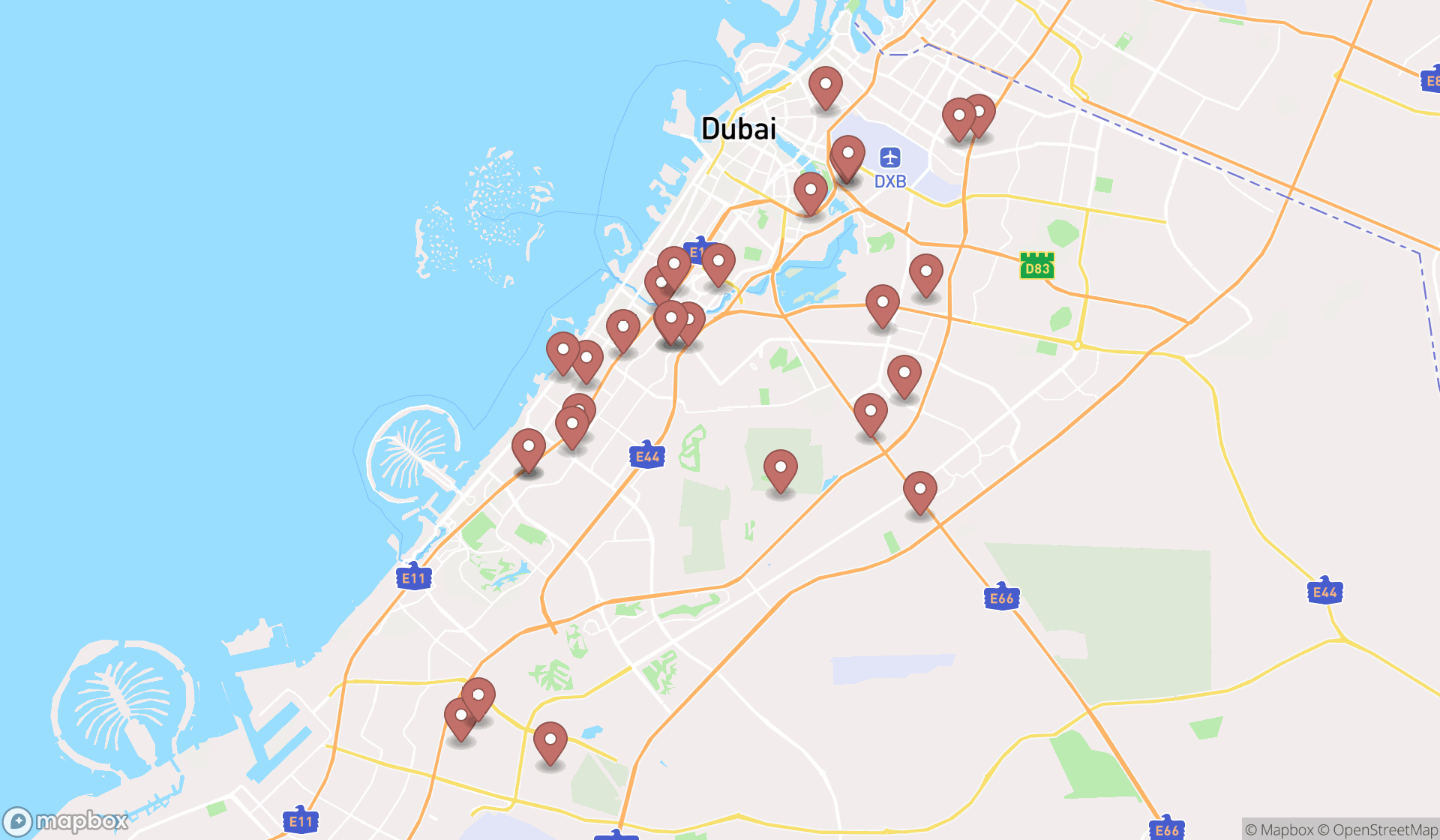 Map showing the search results in Dubai