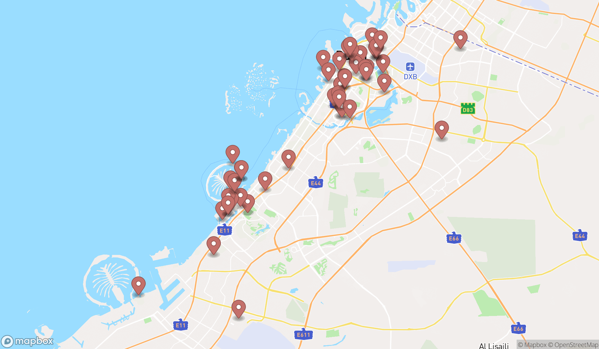 Map showing the search results in Dubai