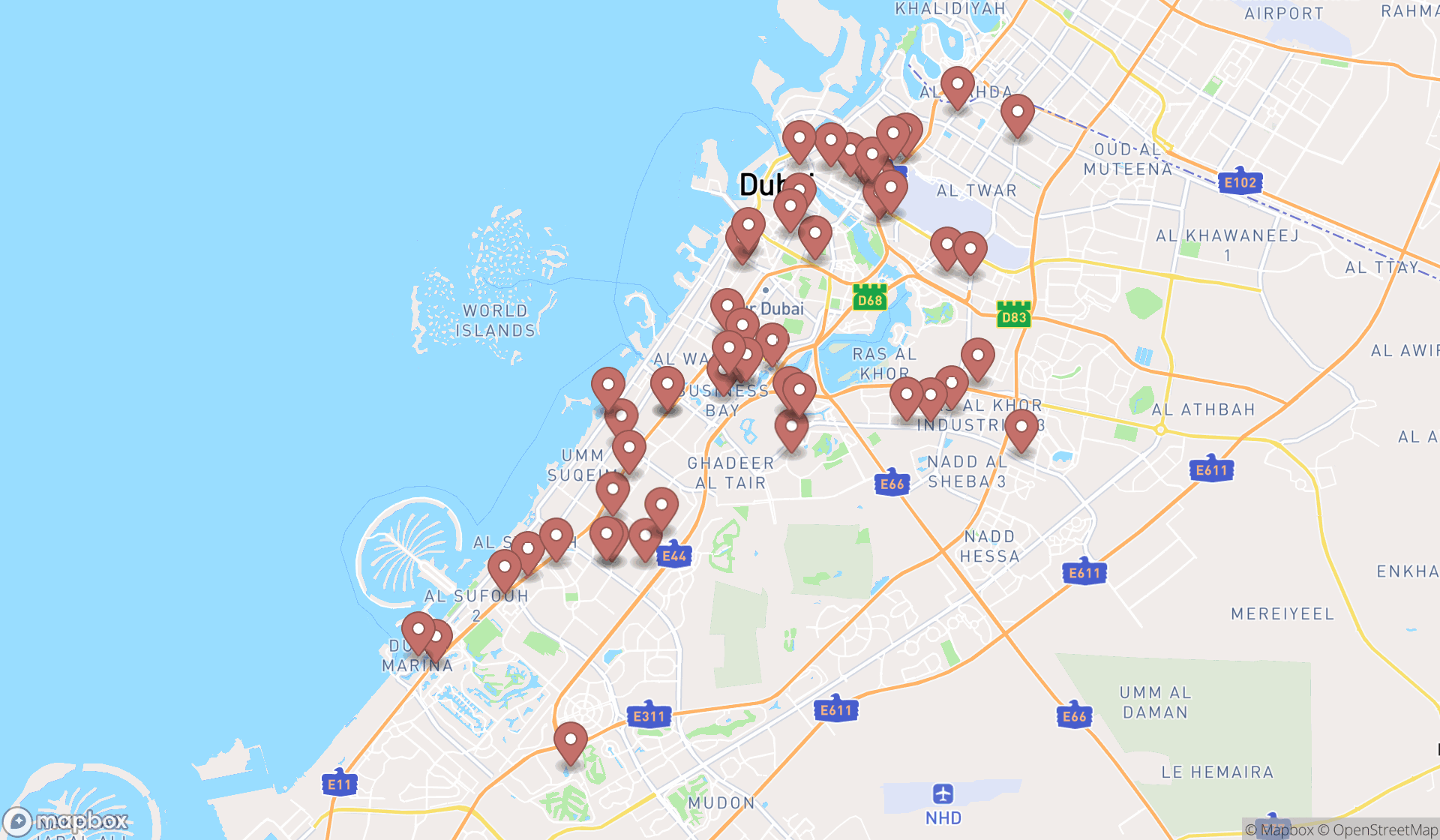 Map showing the search results in Dubai