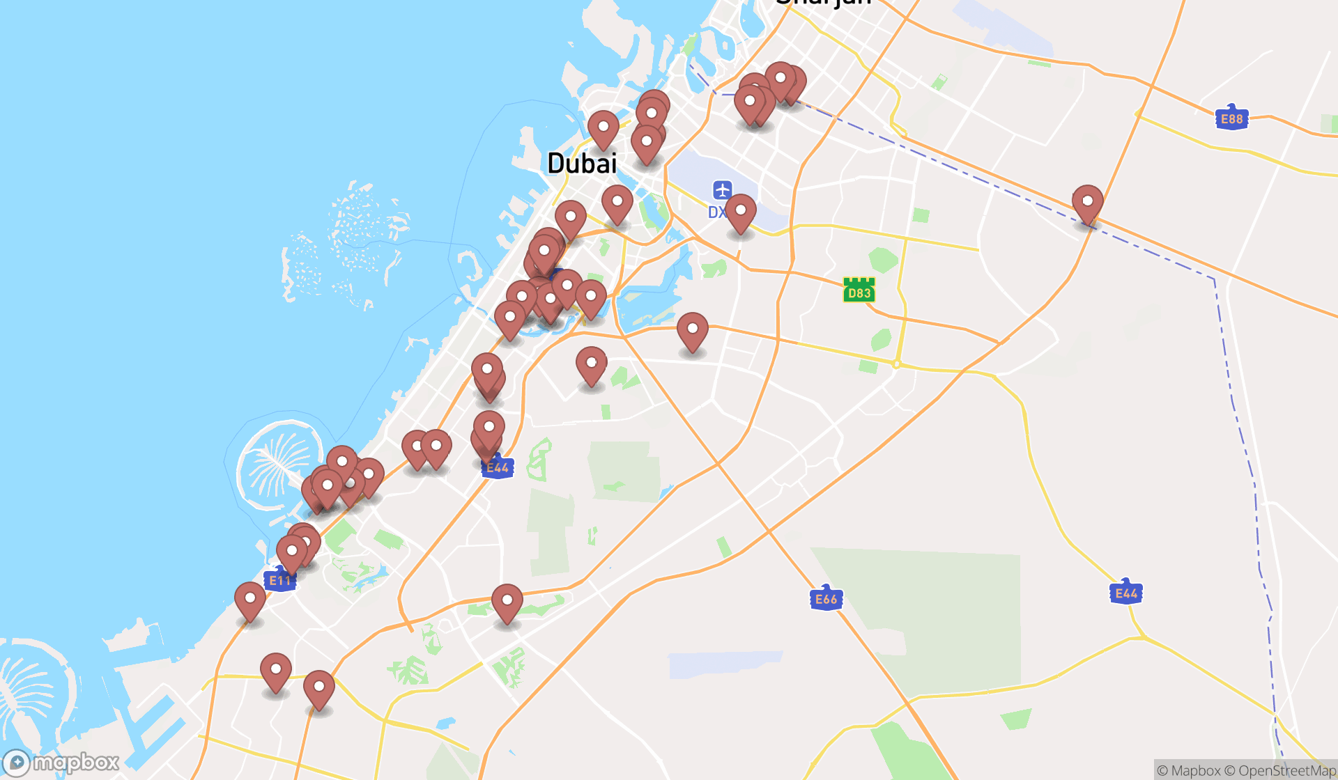 Map showing the search results in Dubai