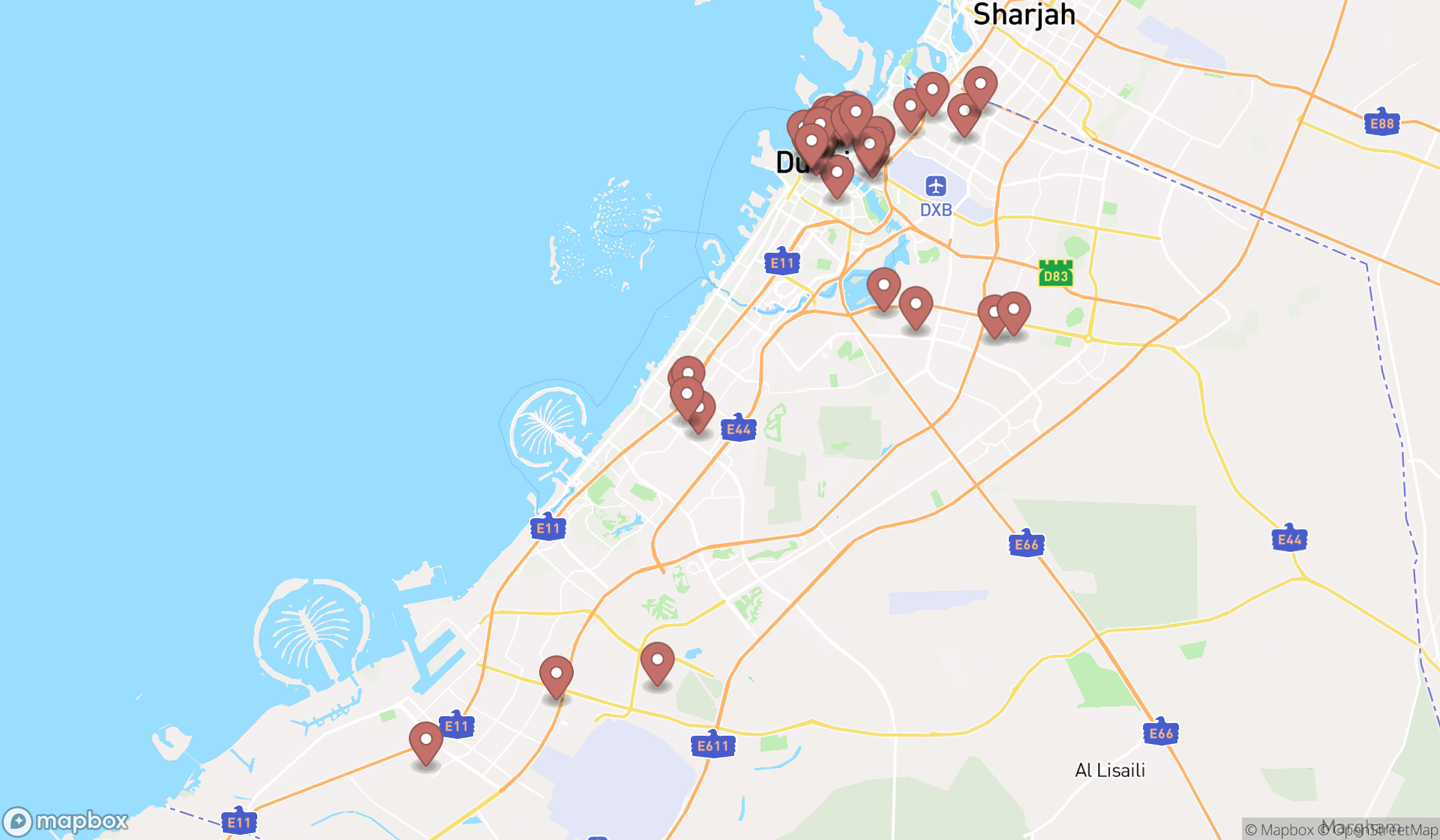 Map showing the search results in Dubai
