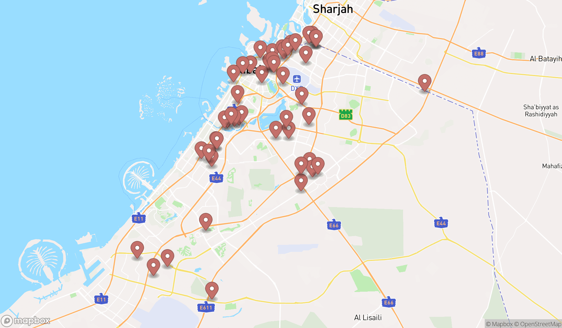 Map showing the search results in Dubai
