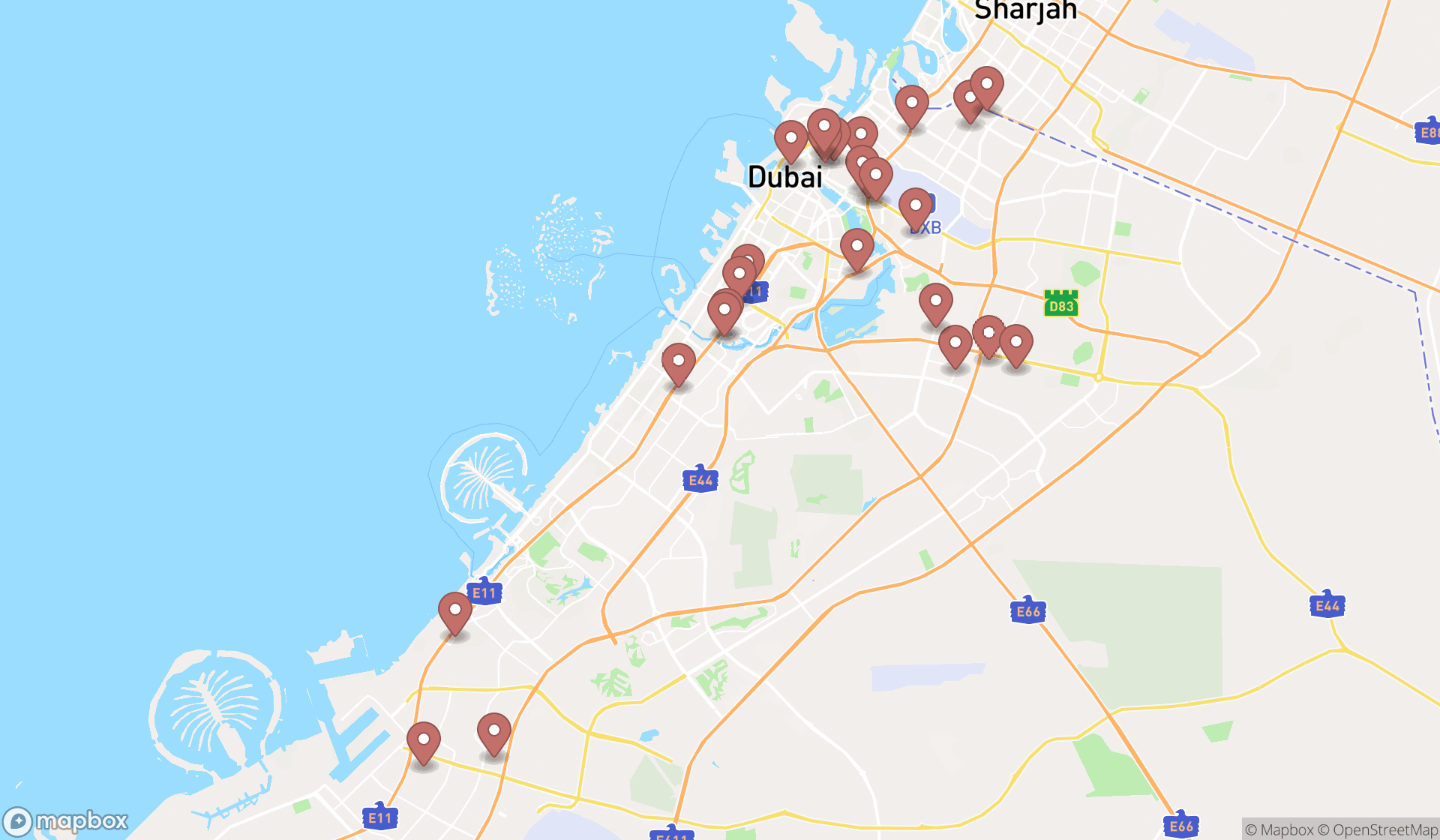 Map showing the search results in Dubai