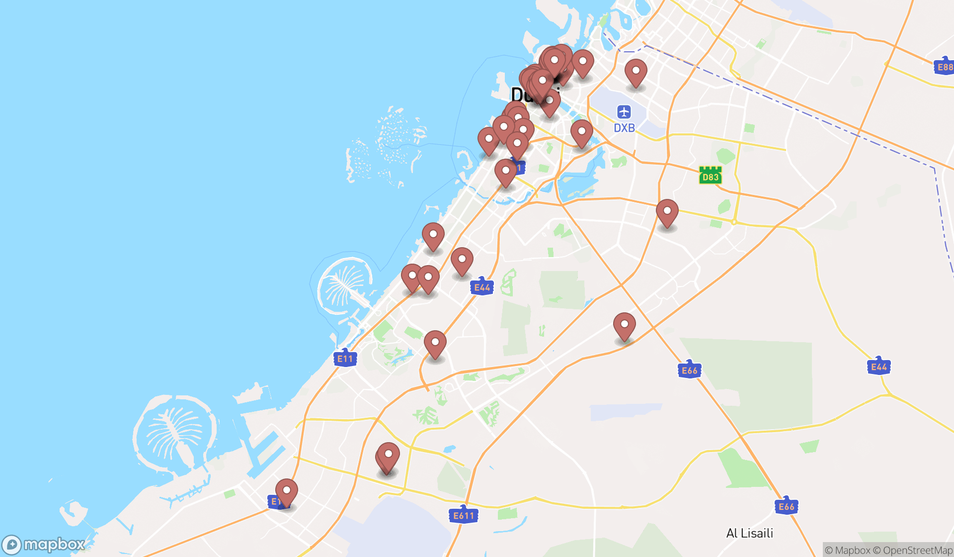 Map showing the search results in Dubai