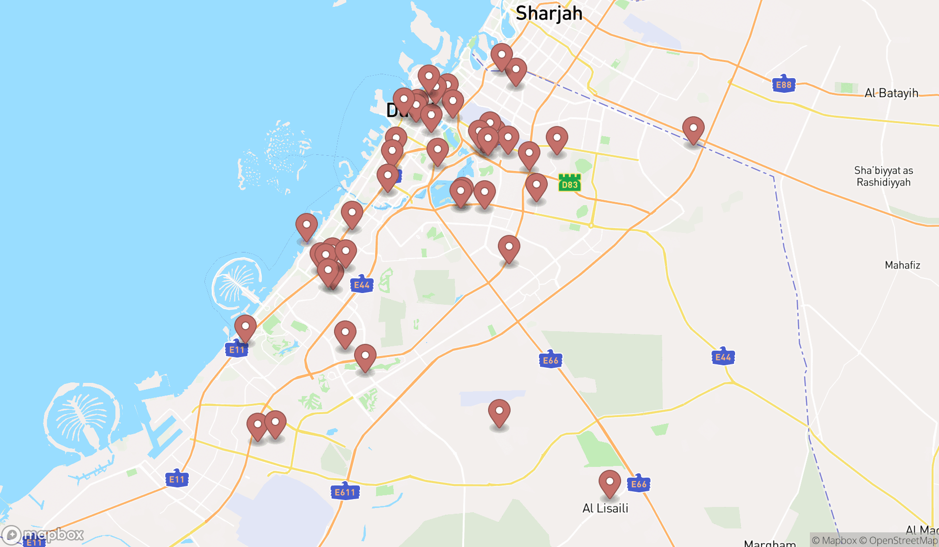 Map showing the search results in Dubai