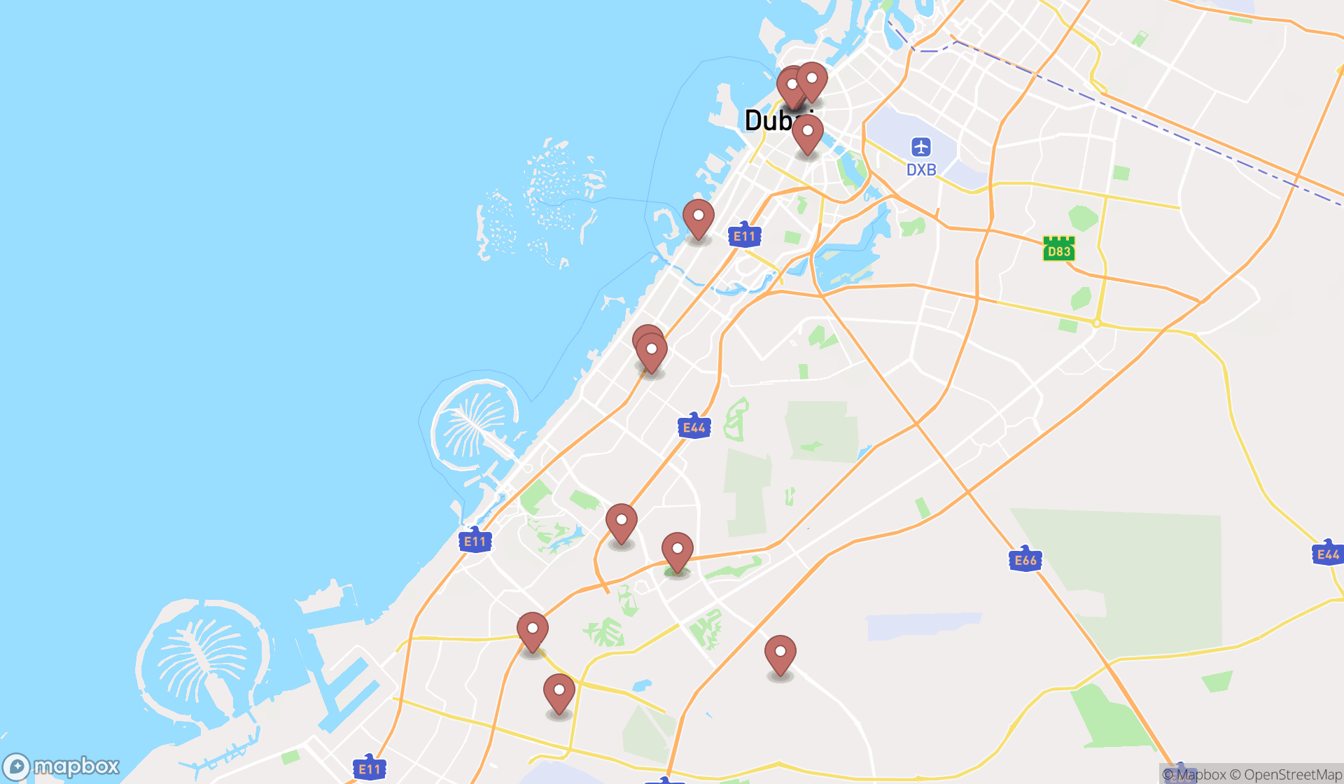 Map showing the search results in Dubai