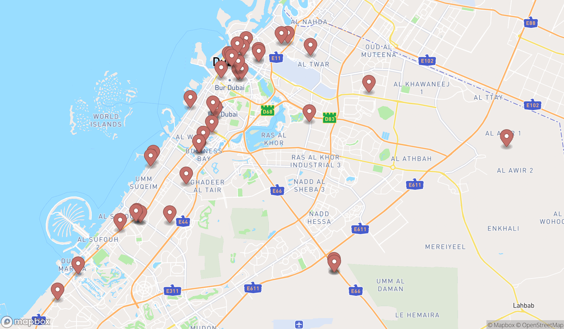 Map showing the search results in Dubai