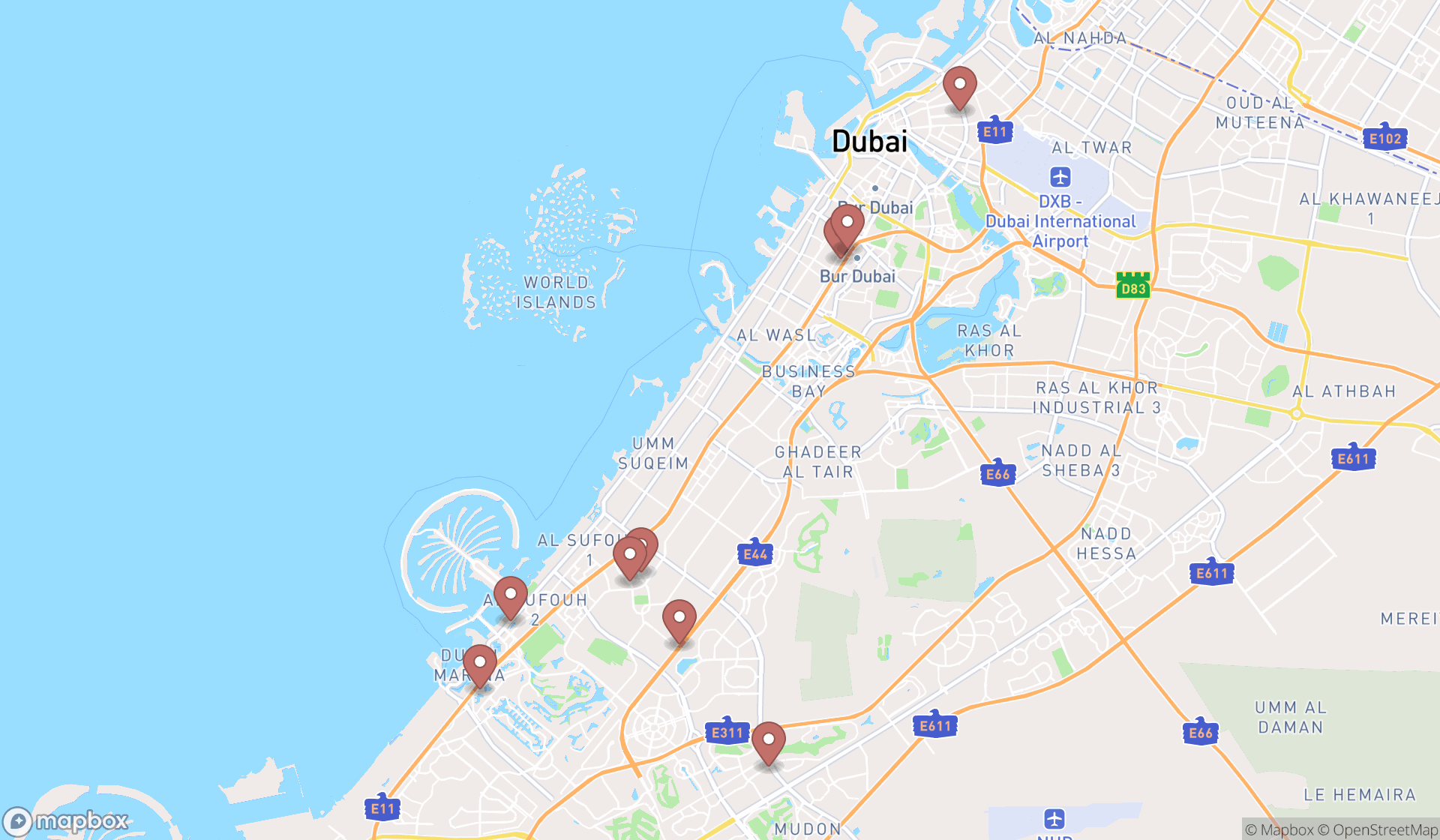 Map showing the search results in Dubai
