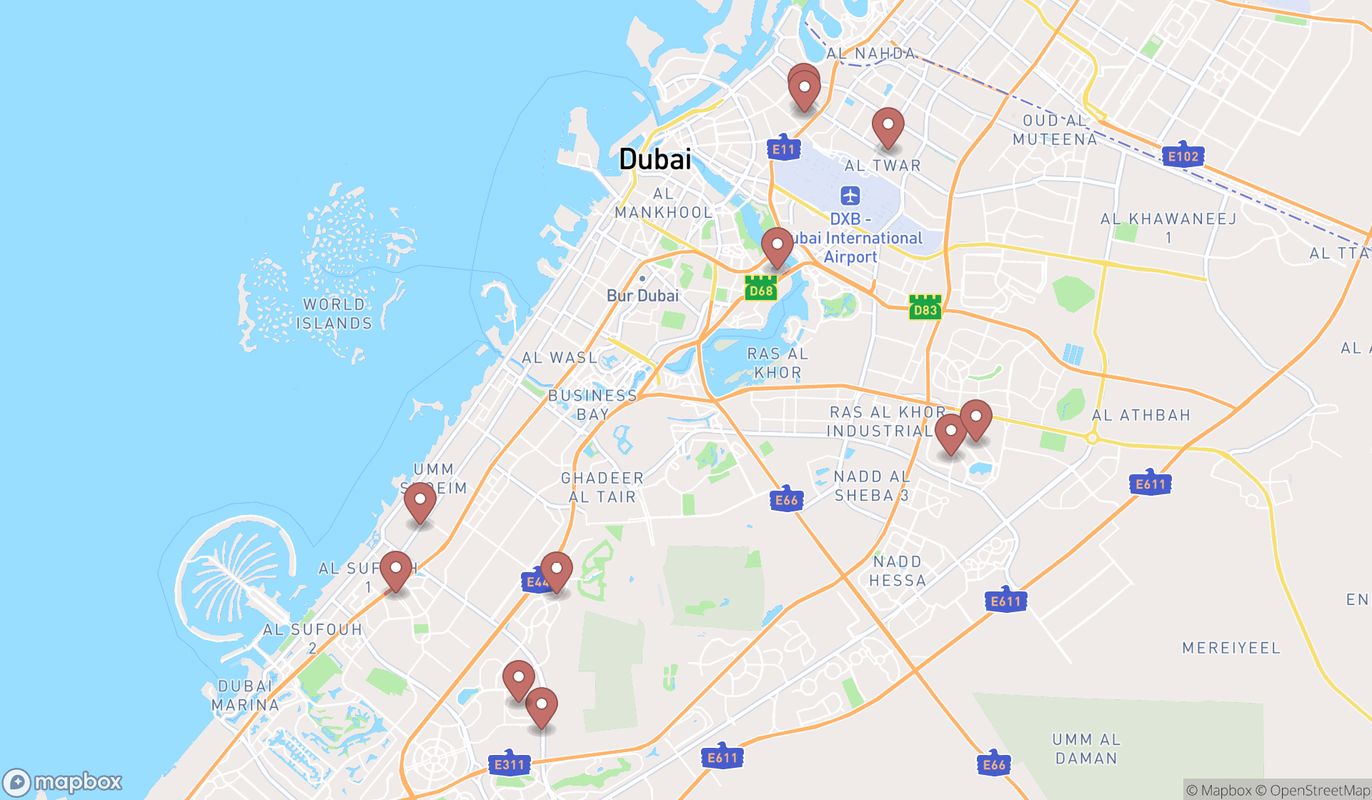 Map showing the search results in Dubai
