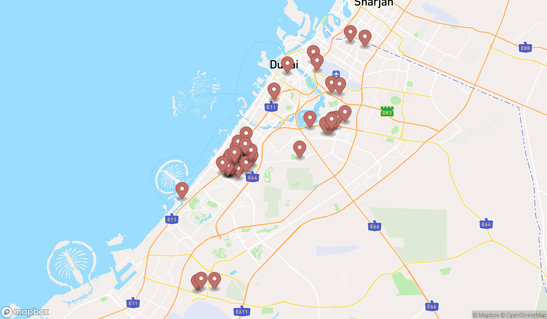 Map showing the search results in Dubai