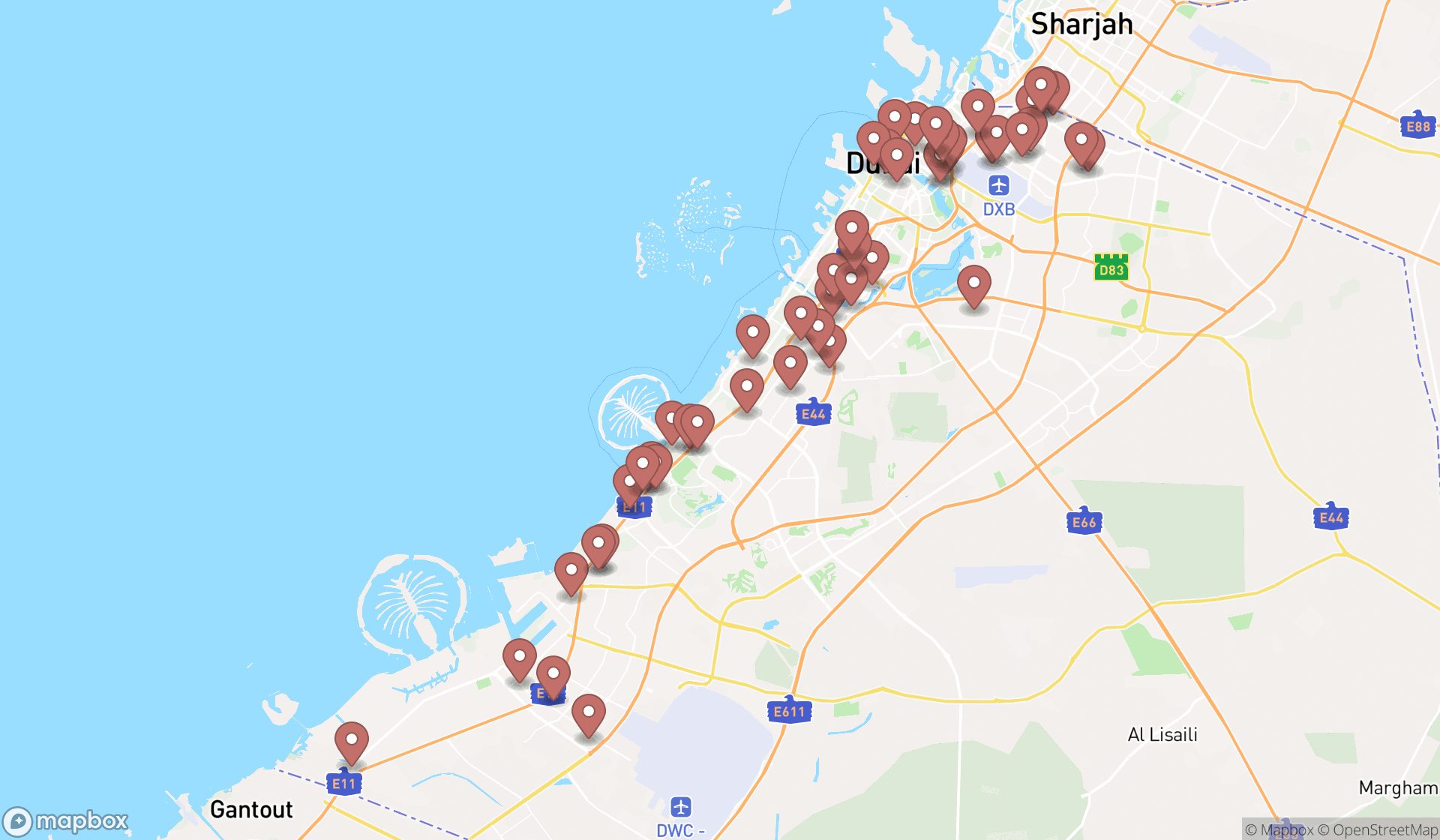 Map showing the search results in Dubai