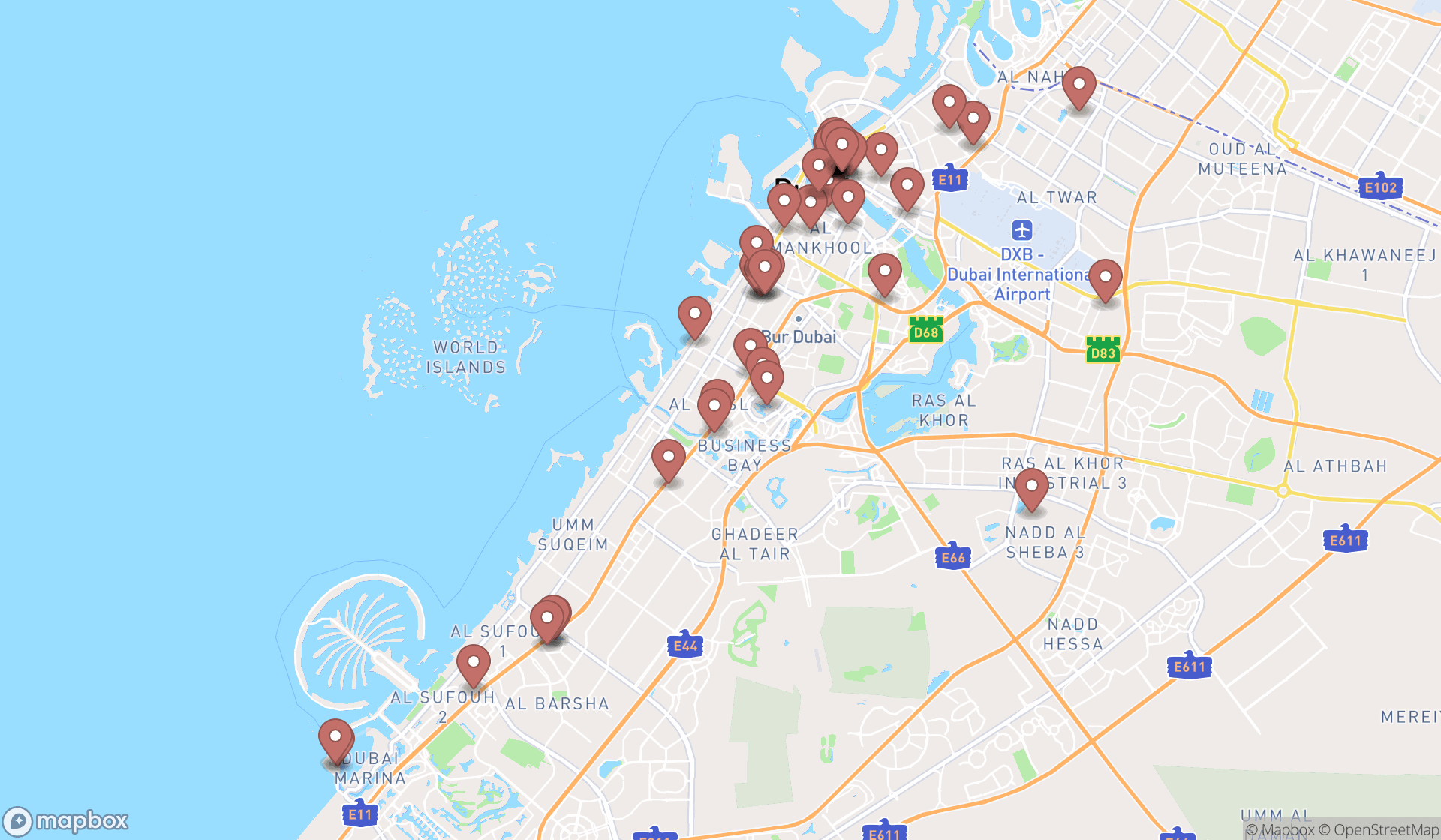 Map showing the search results in Dubai